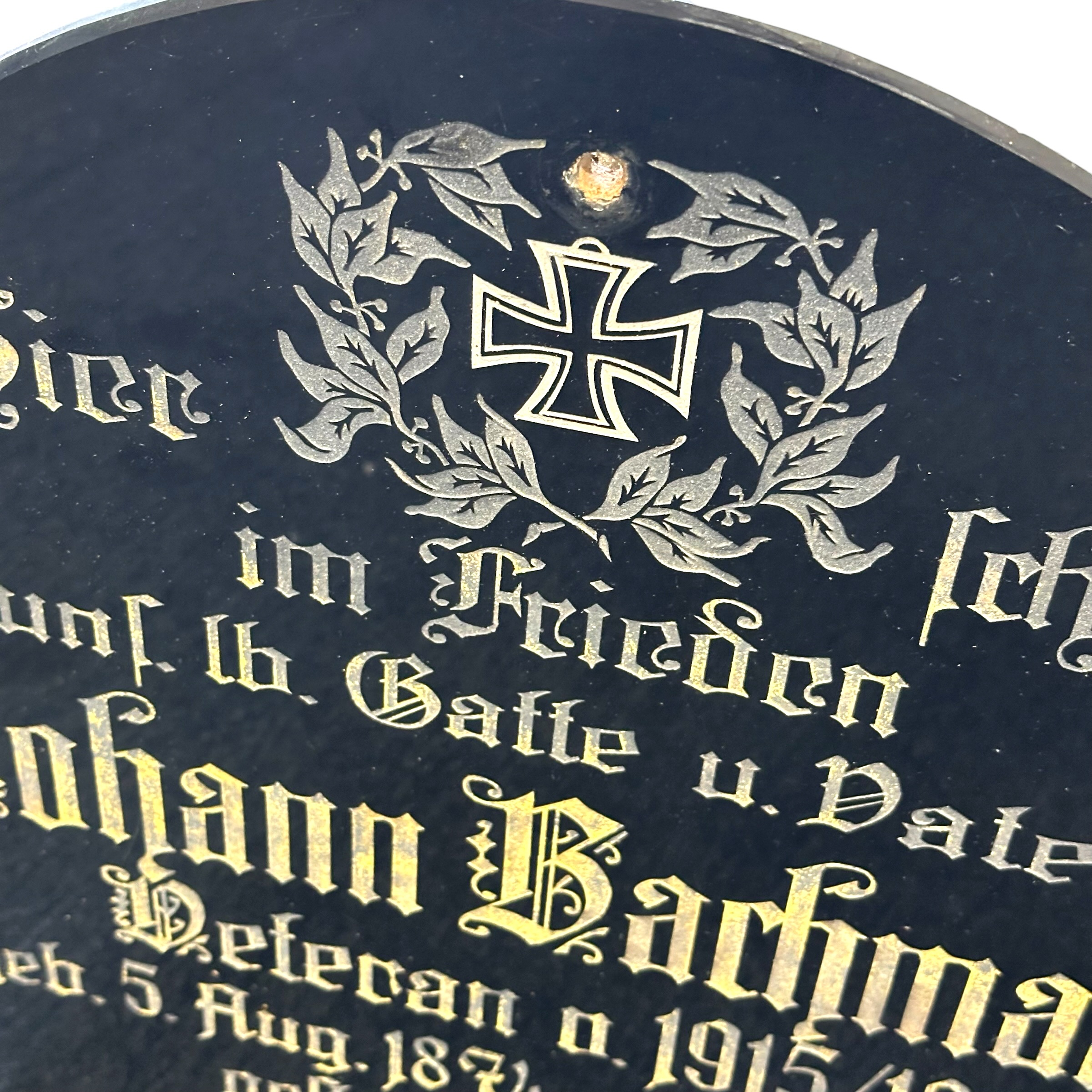 Original WW1 German Veteran Memorial Grave Plaque – Johann Bachmann 1915–1918 – Iron Cross