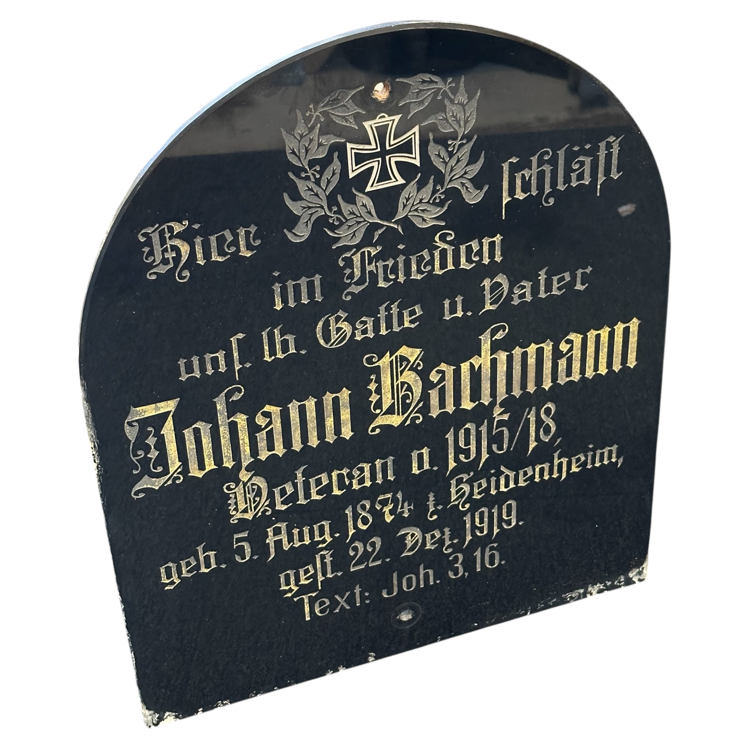Original WW1 German Veteran Memorial Grave Plaque – Johann Bachmann 1915–1918 – Iron Cross