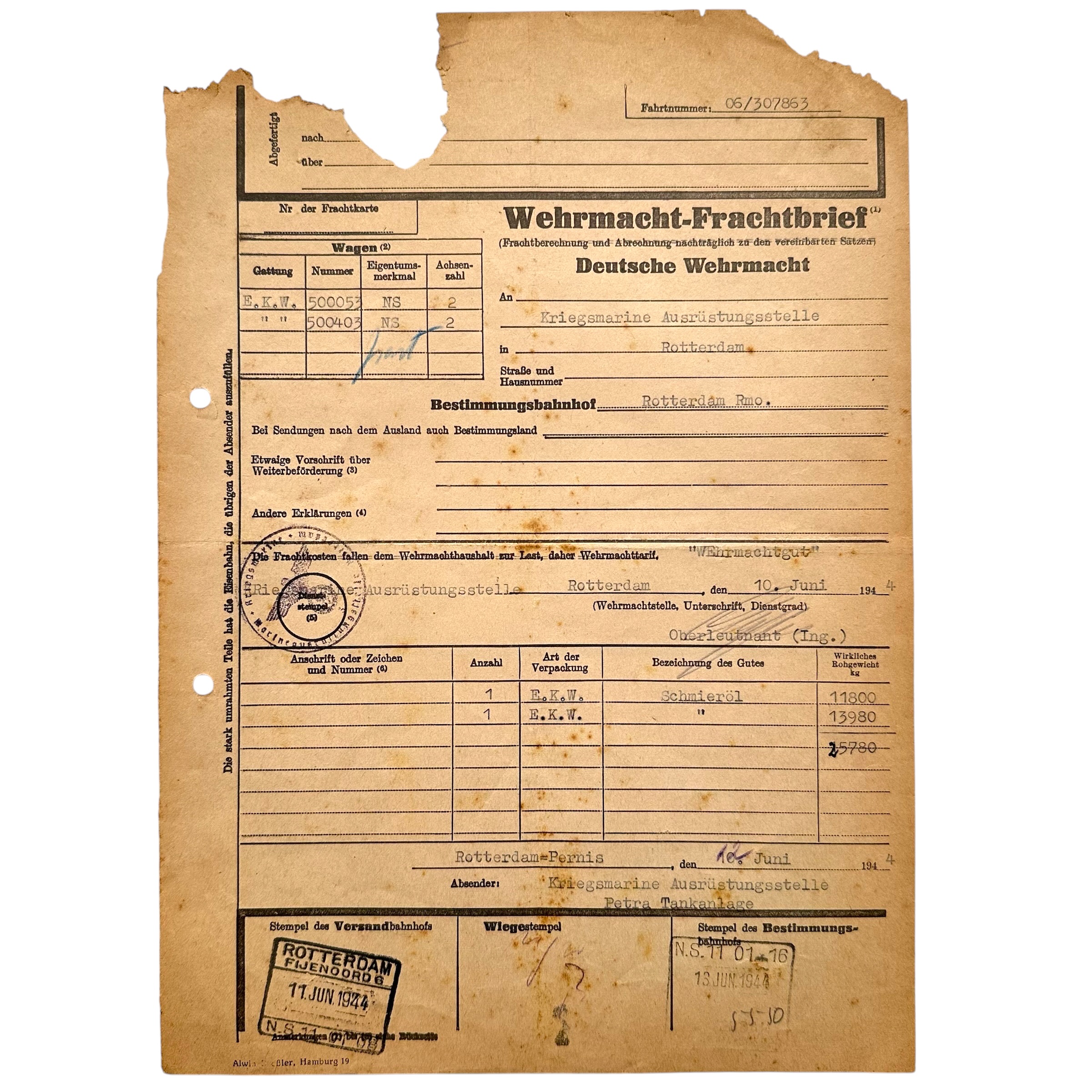Origineel WWII Wehrmacht-Frachtbrief voor Kriegsmarine Ausrüstungsstelle Rotterdam, 1944