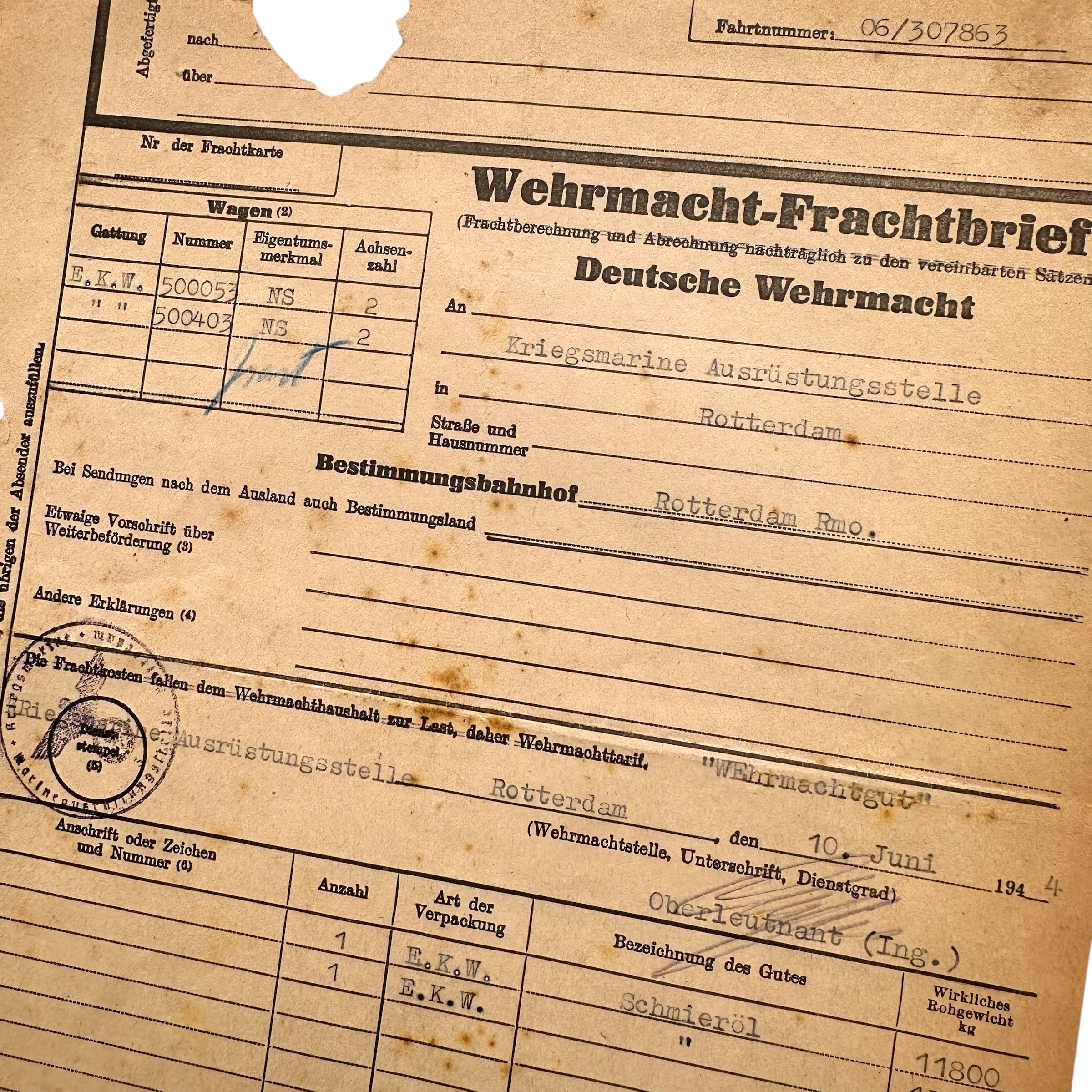 Original WWII German Wehrmacht-Frachtbrief Kriegsmarine 1944 - Afbeelding 2