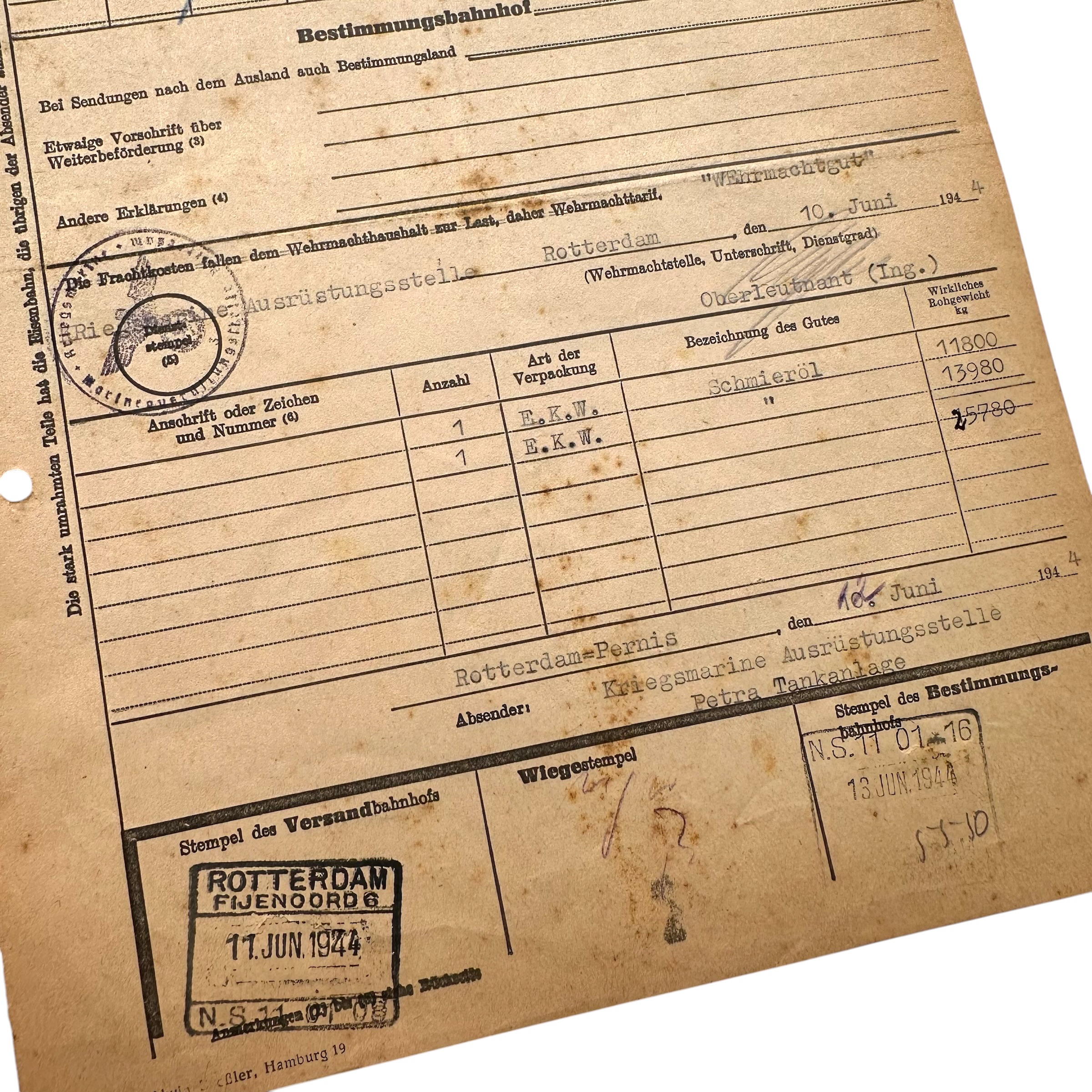 Original WWII German Wehrmacht-Frachtbrief Kriegsmarine 1944 - Afbeelding 3
