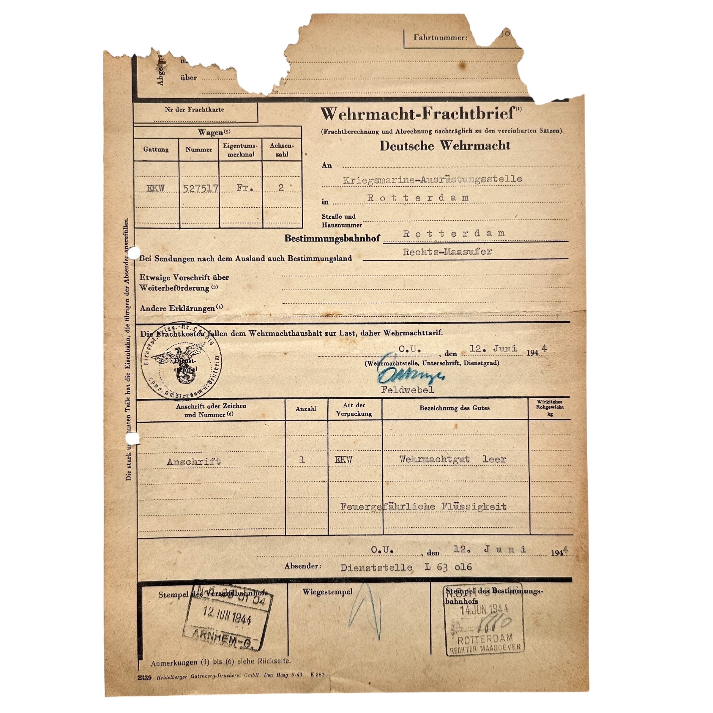 Origineel WWII Wehrmacht-Frachtbrief gericht aan de Kriegsmarine-Ausrüstungsstelle Rotterdam, 1944
