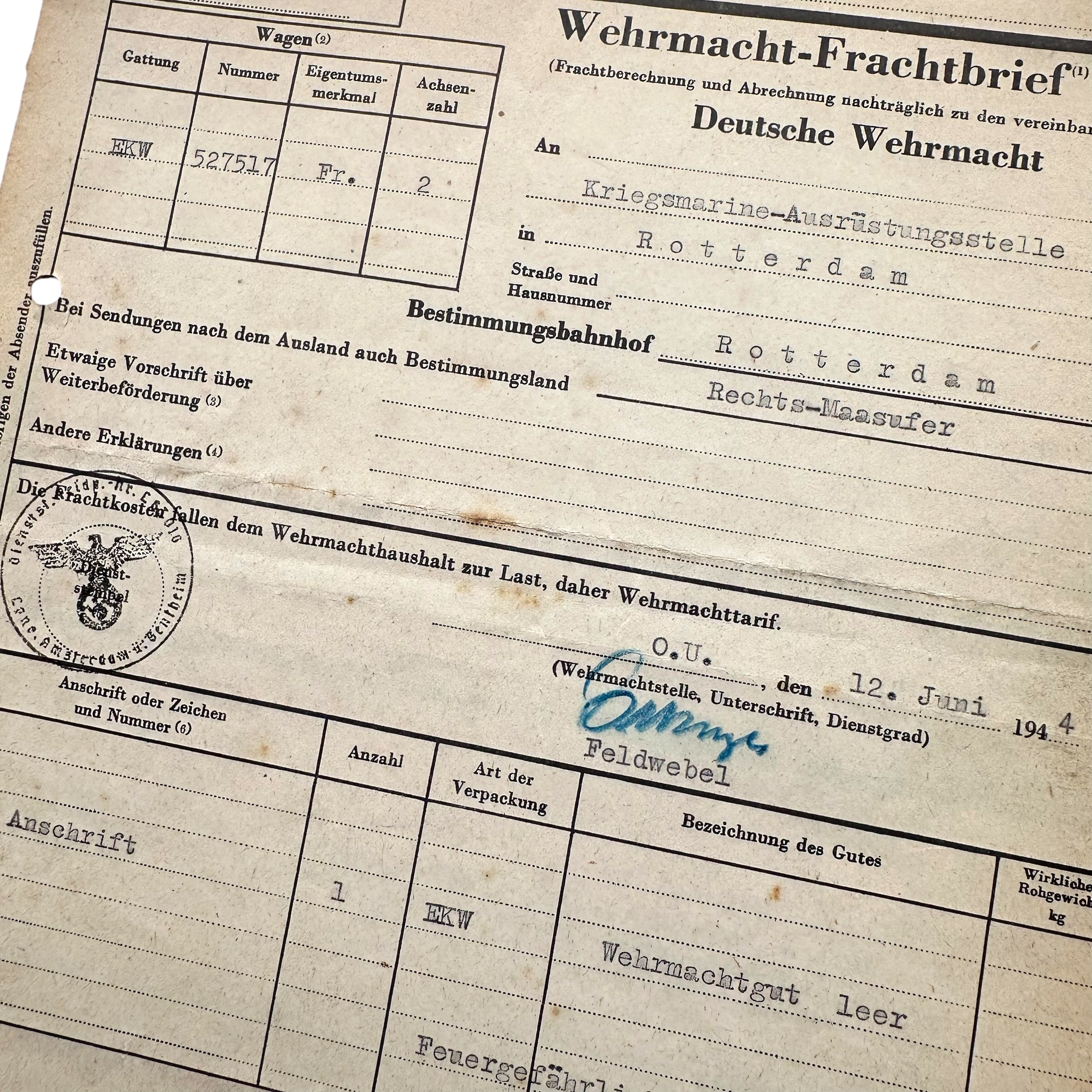 Original WWII German Wehrmacht Frachtbrief Rotterdam 1944 - Afbeelding 2