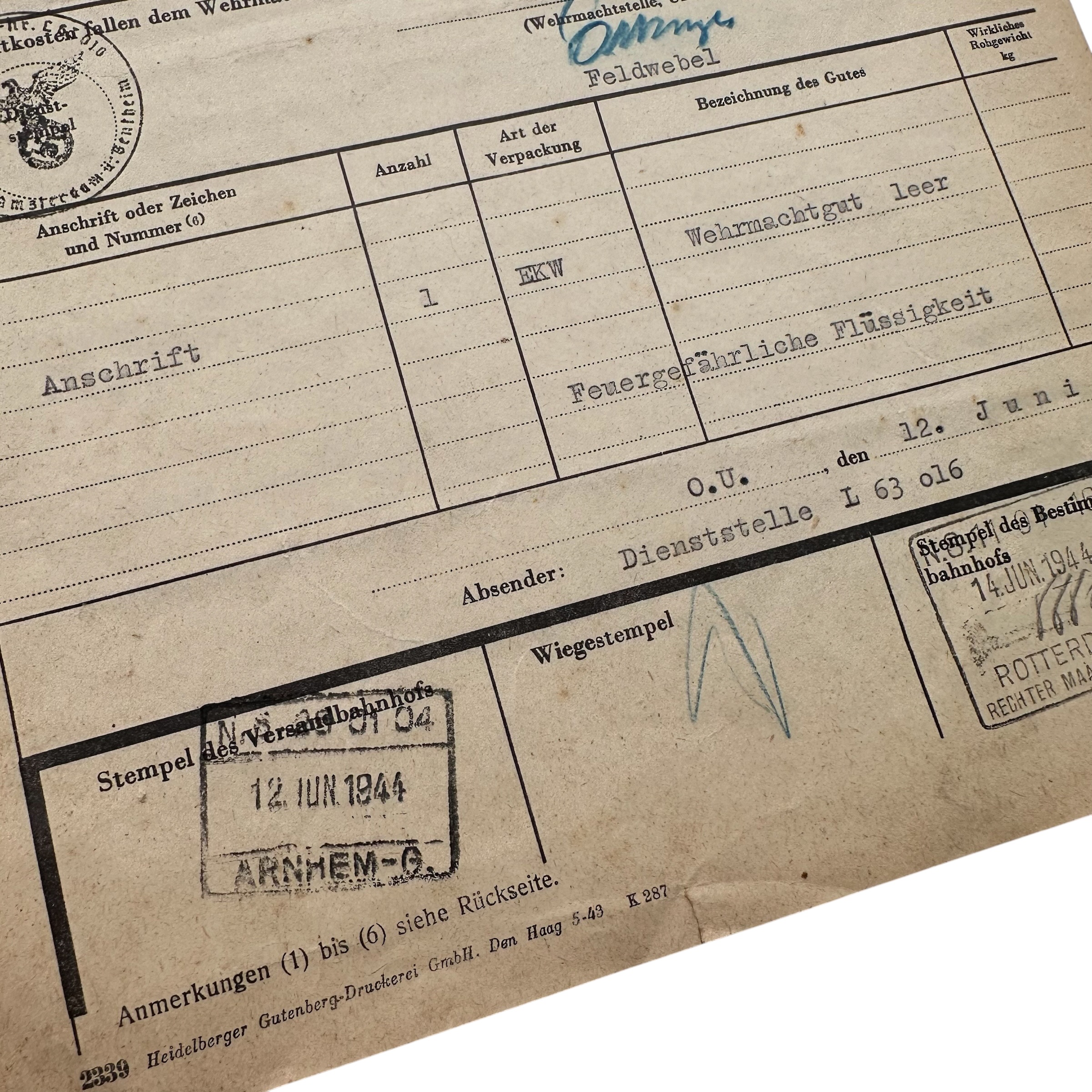 Original WWII German Wehrmacht Frachtbrief Rotterdam 1944 - Afbeelding 3