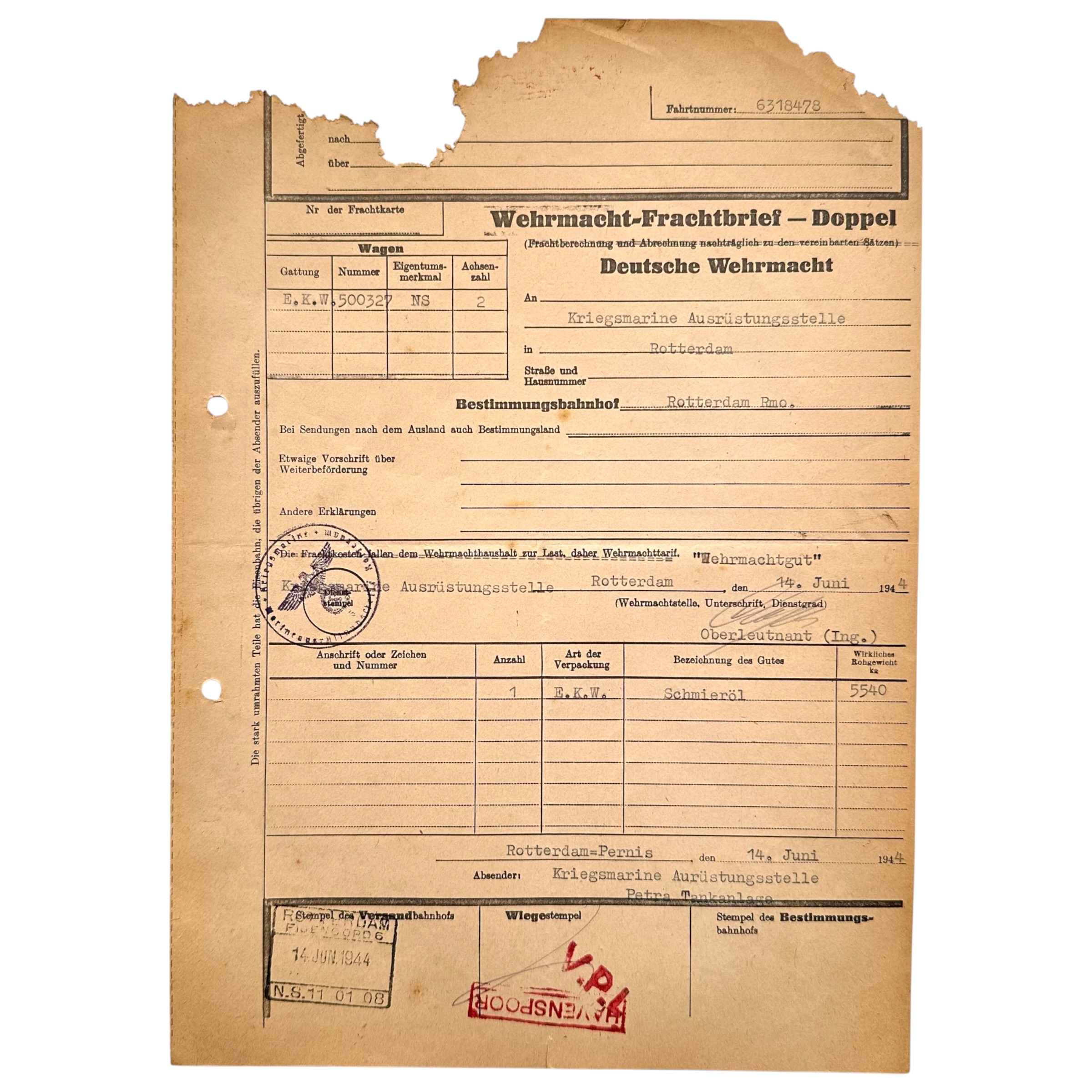 Origineel WWII Wehrmacht-Frachtbrief voor Kriegsmarine Ausrüstungsstelle Rotterdam, 1944