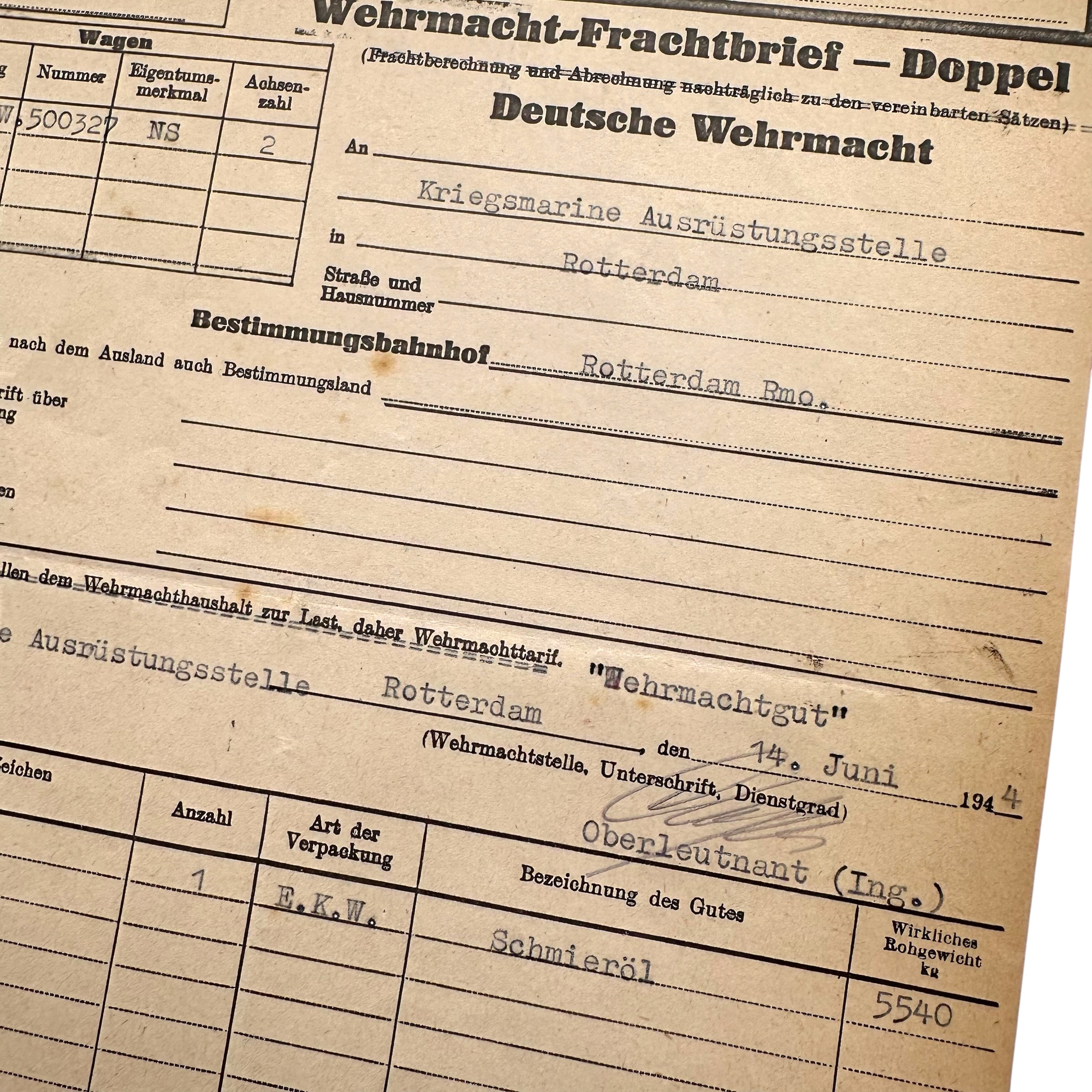 Original WWII German Wehrmacht Frachtbrief Kriegsmarine 1944 Rotterdam Feyenoord - Afbeelding 2