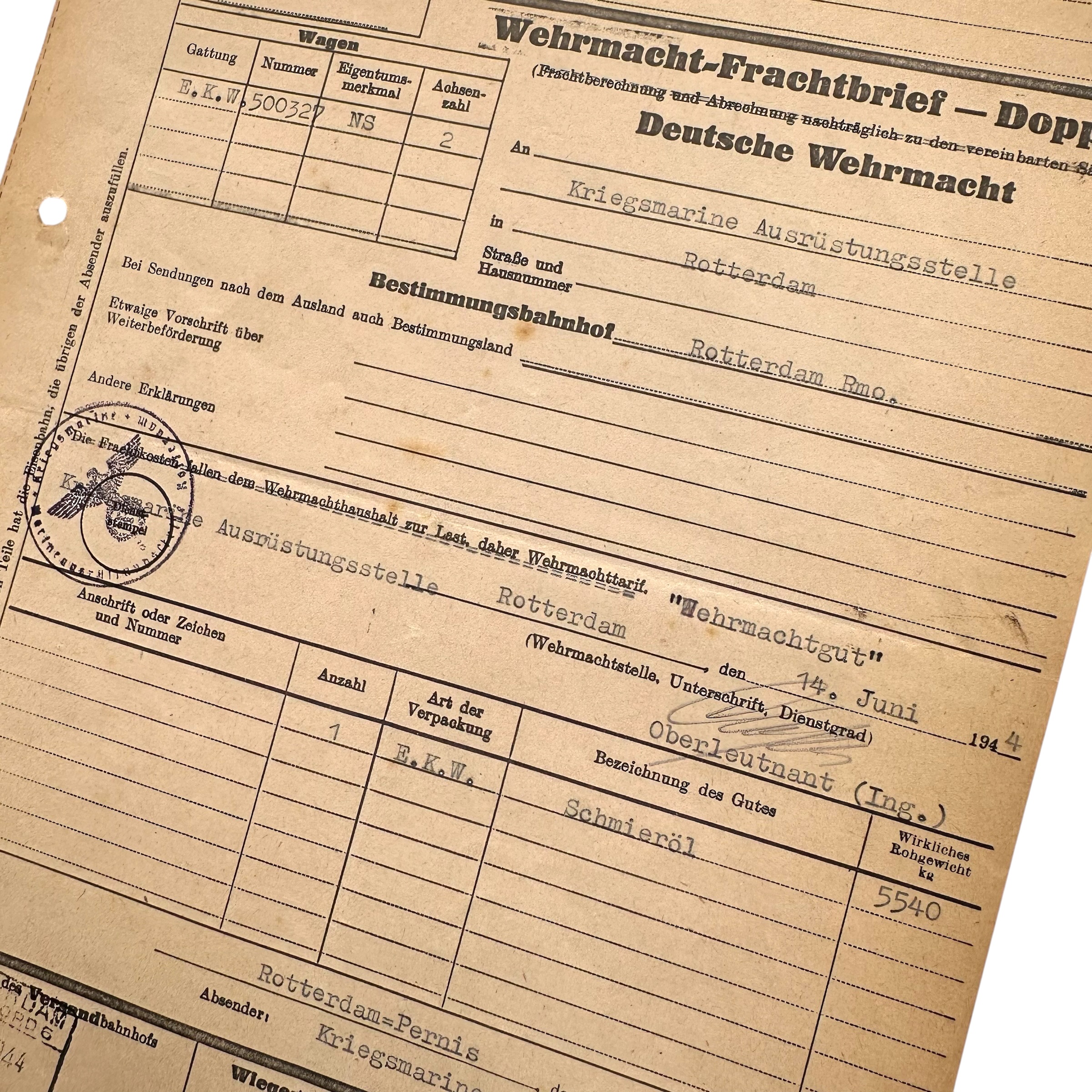 Original WWII German Wehrmacht Frachtbrief Kriegsmarine 1944 Rotterdam Feyenoord - Afbeelding 4