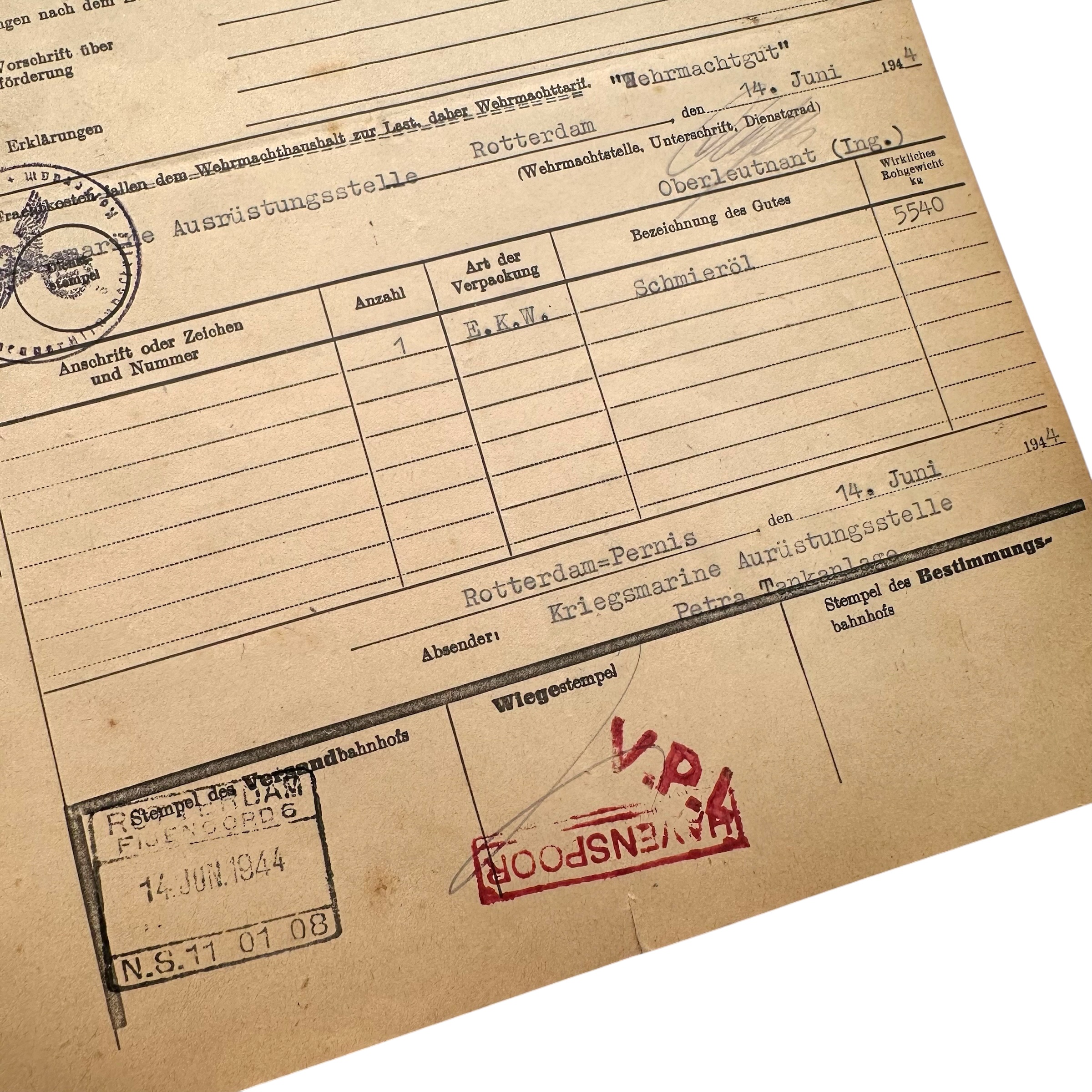 Original WWII German Wehrmacht Frachtbrief Kriegsmarine 1944 Rotterdam Feyenoord - Afbeelding 3