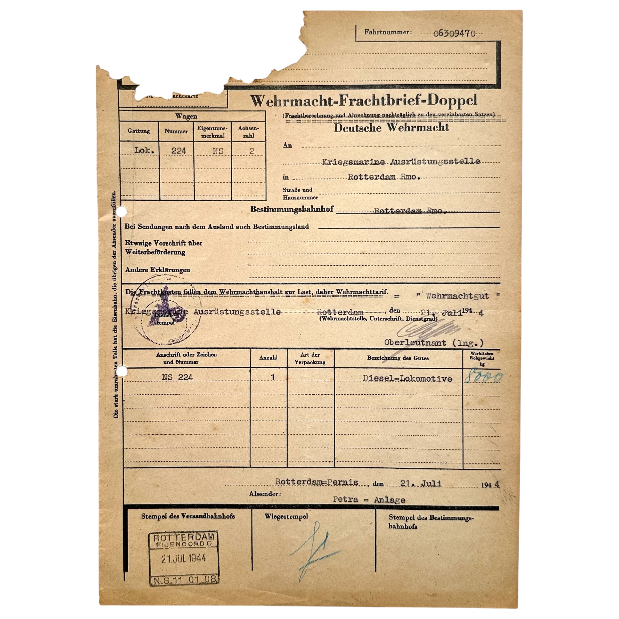 Origineel WWII Duitse Wehrmacht-Frachtbrief voor de Kriegsmarine in Rotterdam, gedateerd 1944