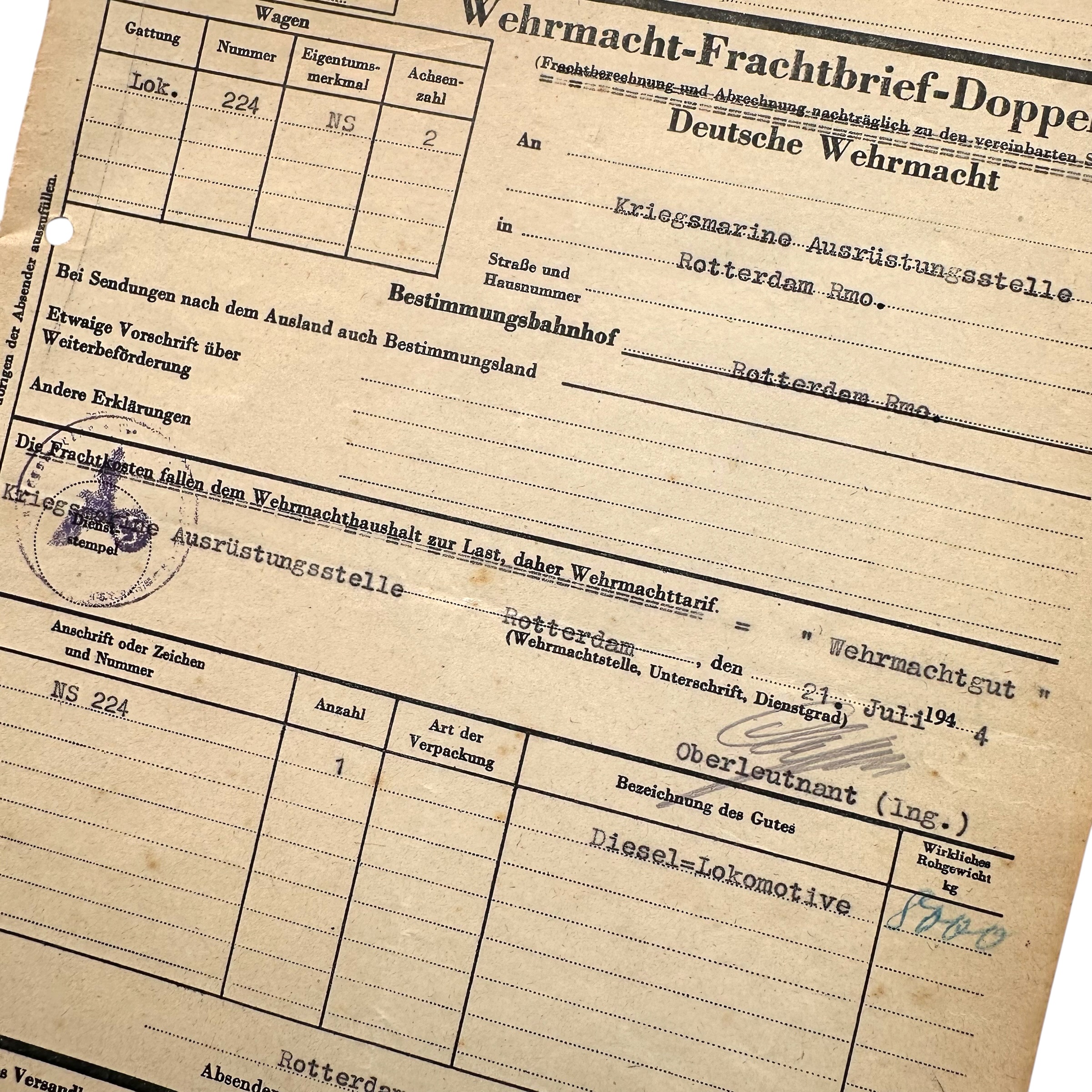 Original WWII German Wehrmacht Frachtbrief Kriegsmarine Rotterdam - Afbeelding 2