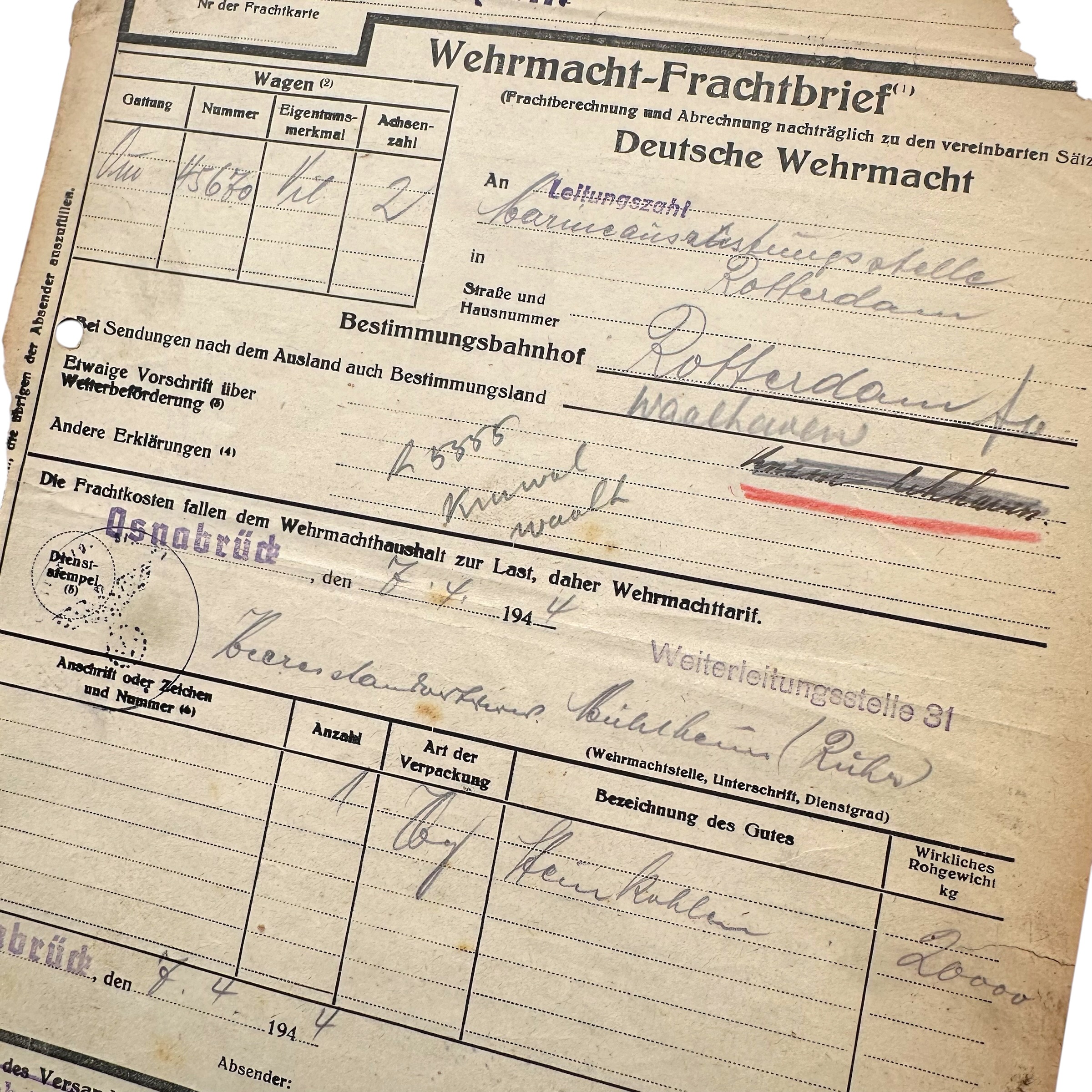 Original WWII German Wehrmacht Frachtbrief Kriegsmarine Rotterdam Waalhaven - Afbeelding 2