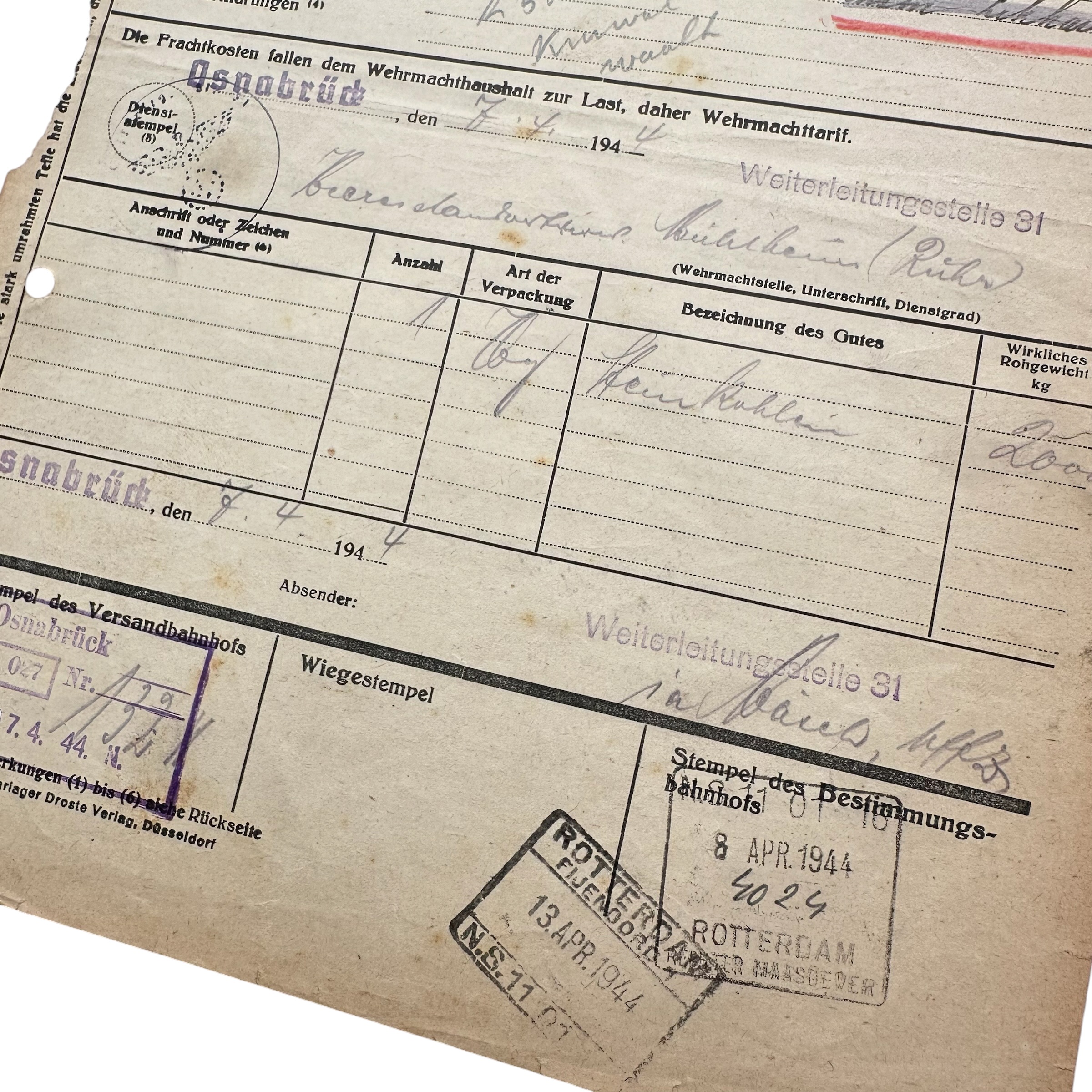 Original WWII German Wehrmacht Frachtbrief Kriegsmarine Rotterdam Waalhaven - Afbeelding 3