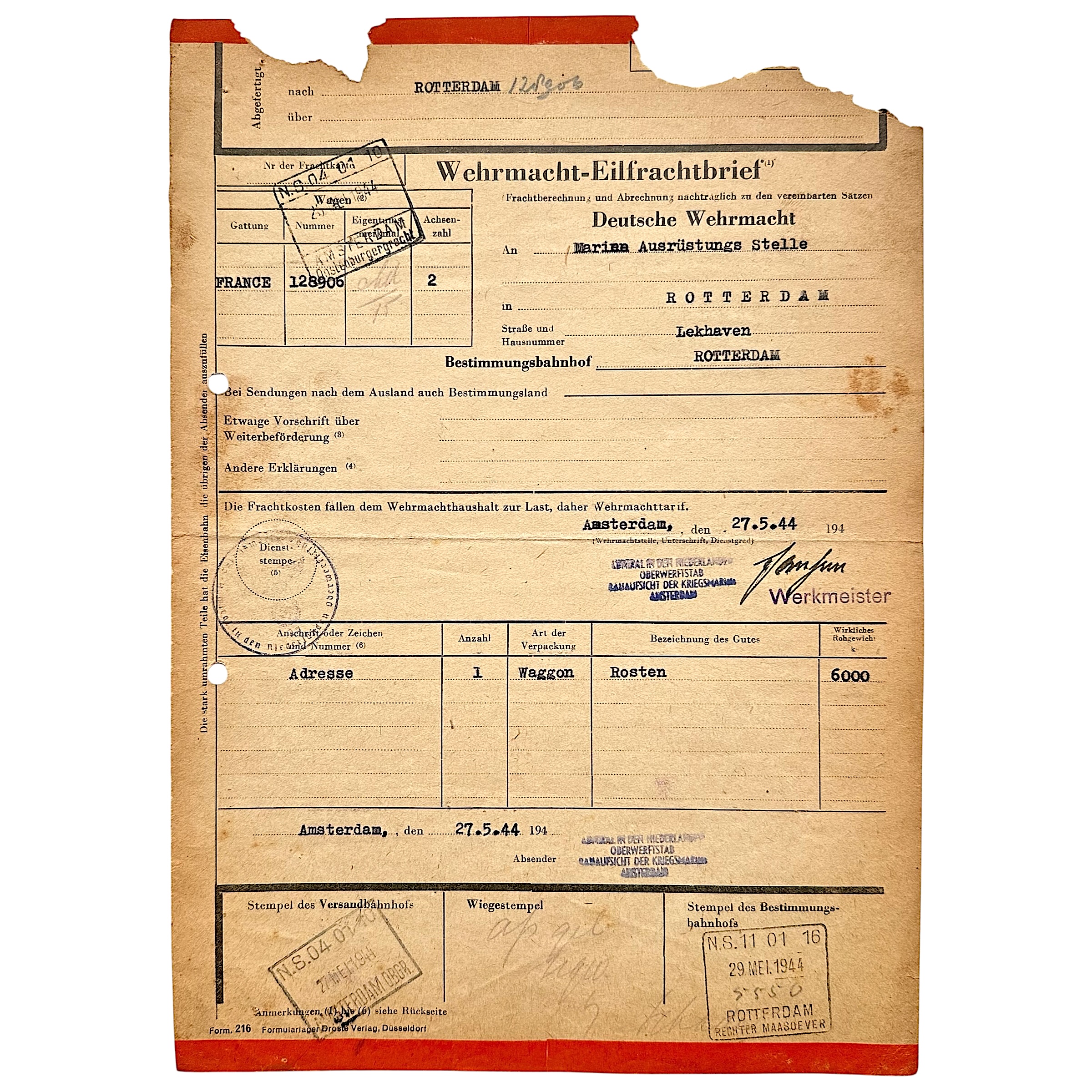 Origineel WWII Duitse Wehrmacht-Eilfrachtbrief Kriegsmarine, bestemd voor Rotterdam, 1944