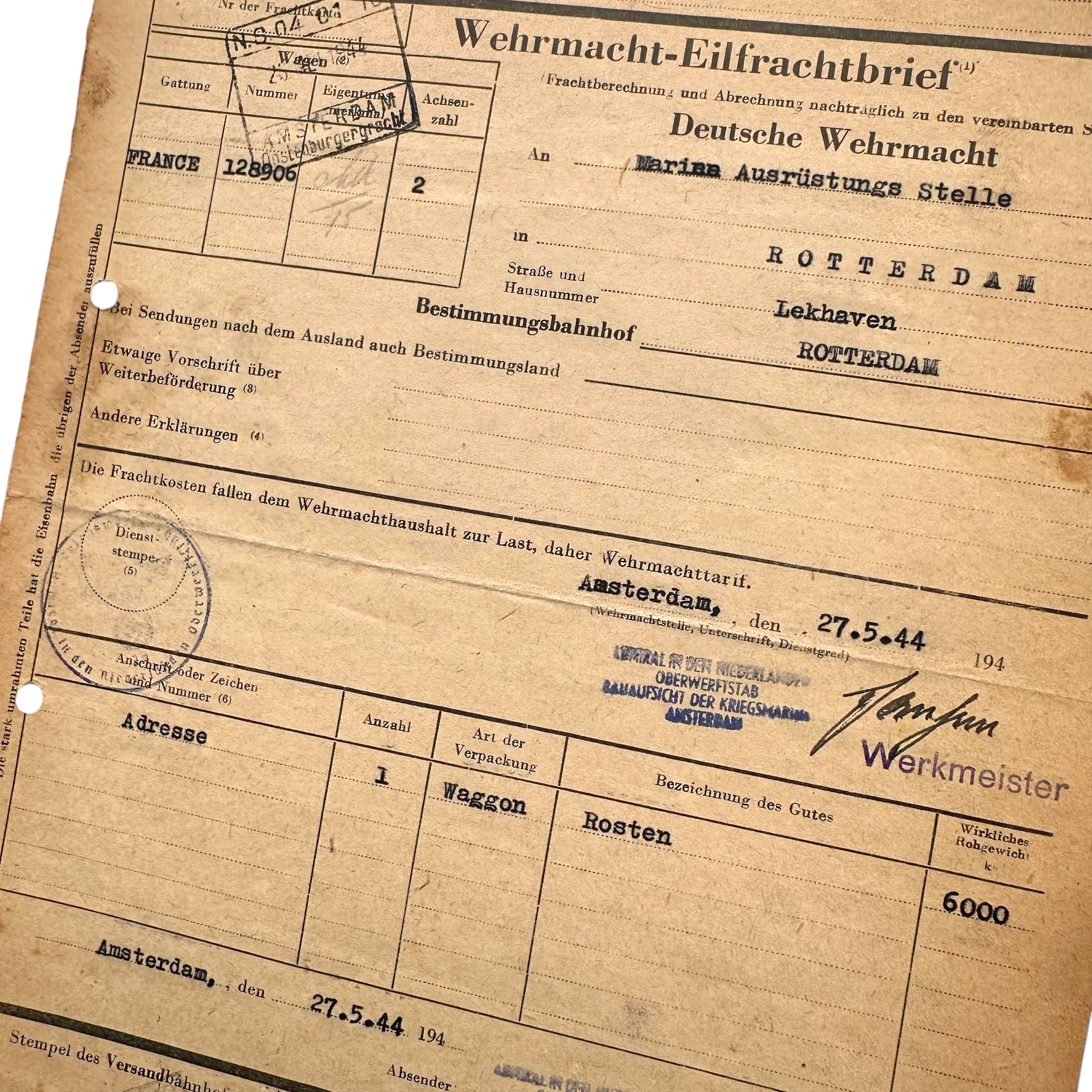Original WWII German Wehrmacht Eilfrachtbrief Kriegsmarine Rotterdam - Afbeelding 2