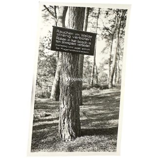 Originele WWII foto van Duits waarschuwingsbord 'Rauchen verboten' aan boom, Hilversum