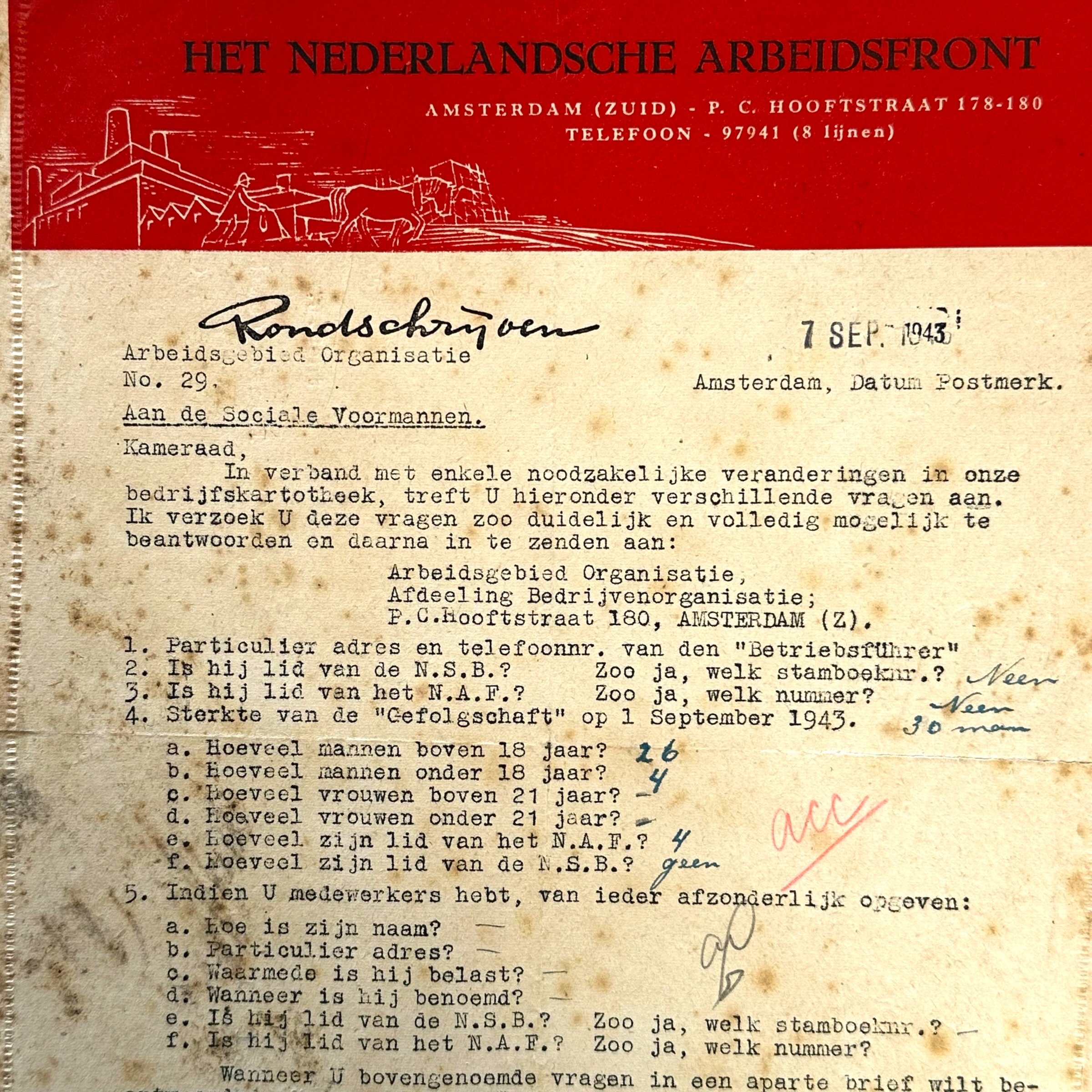 Original WWII Dutch Nederlandsche Arbeitsfront document Amsterdam - Zaandam - Afbeelding 2