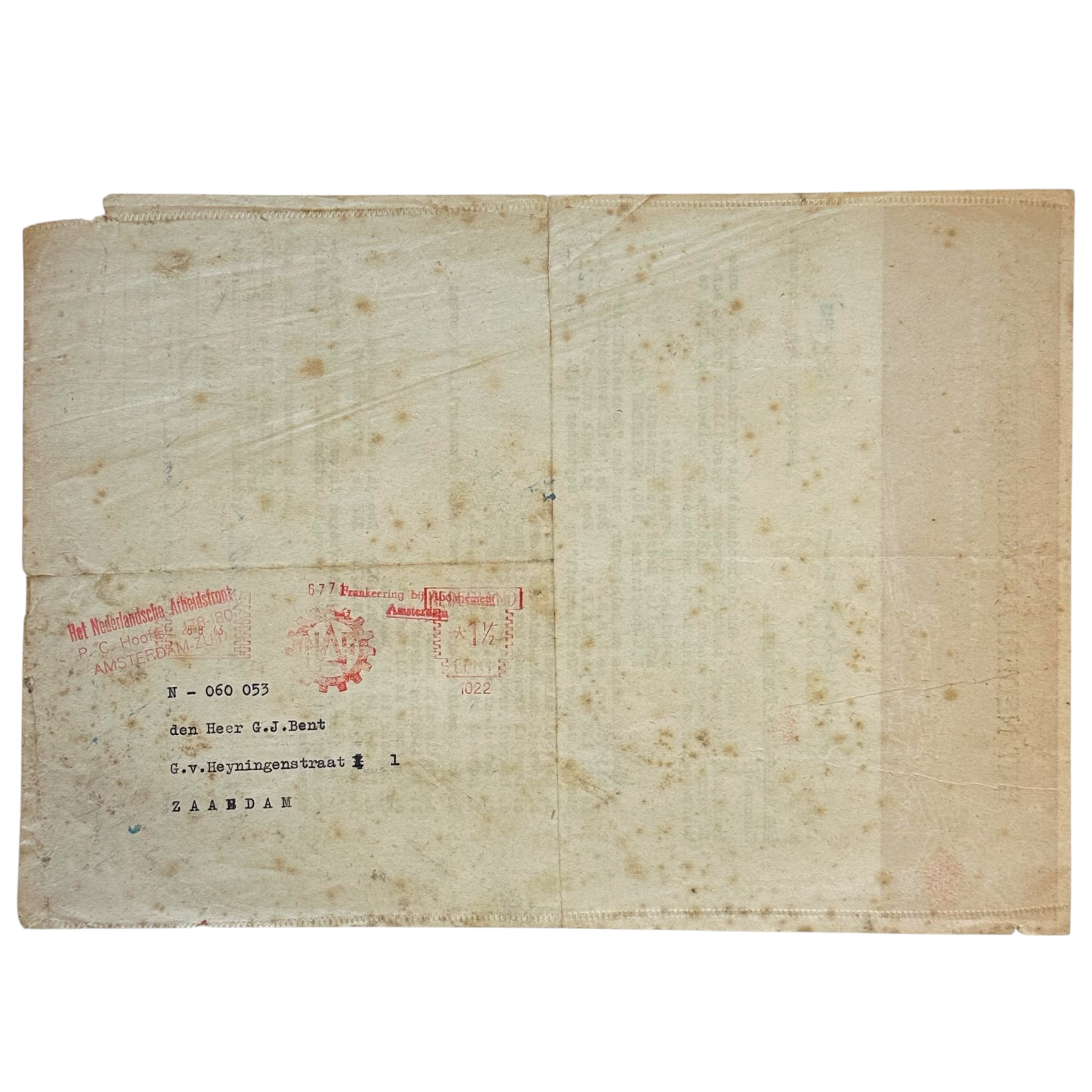 Original WWII Dutch Nederlandsche Arbeitsfront document Amsterdam - Zaandam - Afbeelding 3