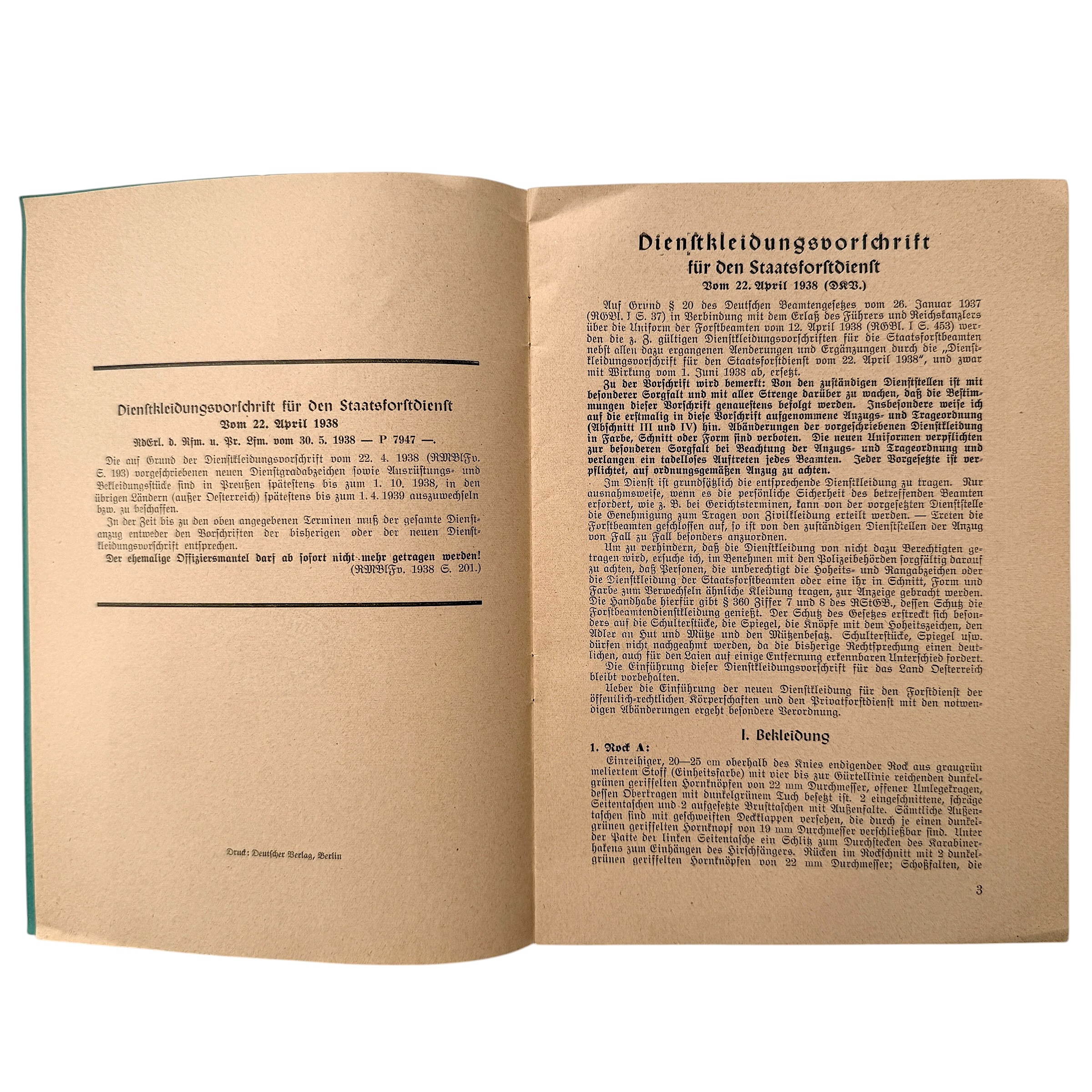 Original 1938 German Third Reich State Municipal & Private Forestry Service Uniform Regulations Illustrated Booklet