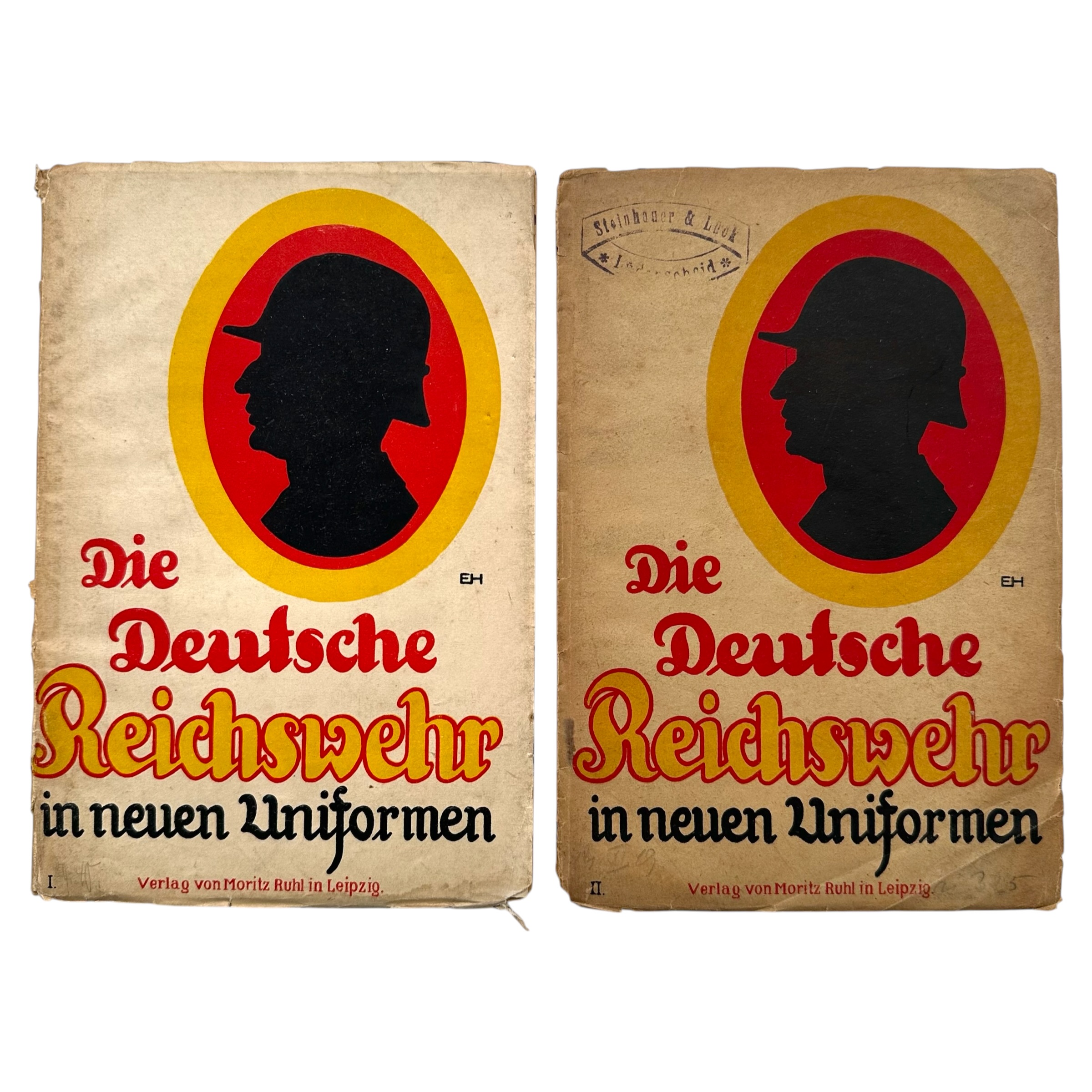 Original German Reichswehr and Freikorps reference books circa 1919 by Moritz Ruhl Leipzig with Carl Henckel colour plates, uniforms, ranks and insignia. Steinhauer & Lück, Lüdenscheid stamp