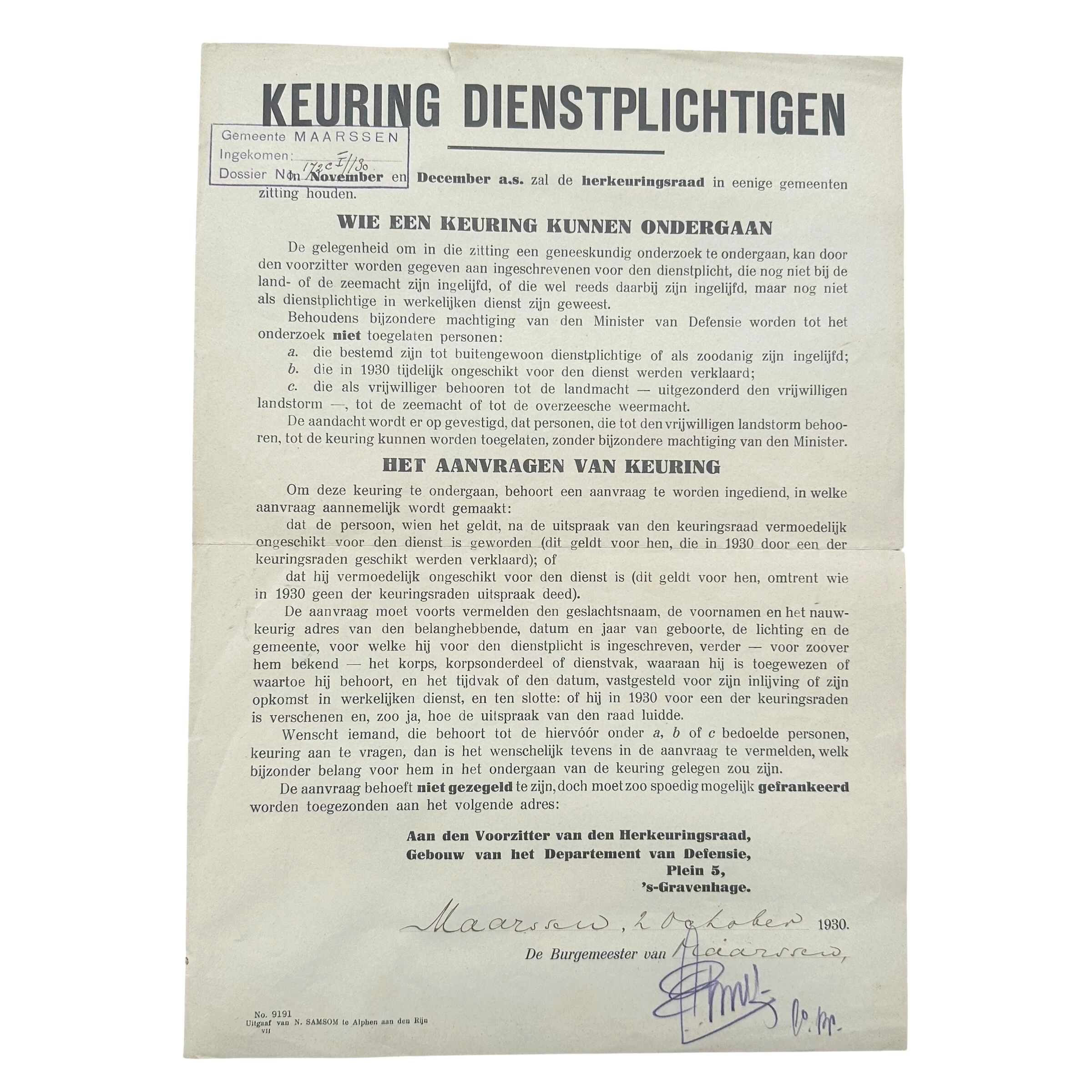 Originele Nederlandse legerposter Keuring Dienstplichtigen Maarssen 1930 militaire dienstplicht medische keuring interbellum.