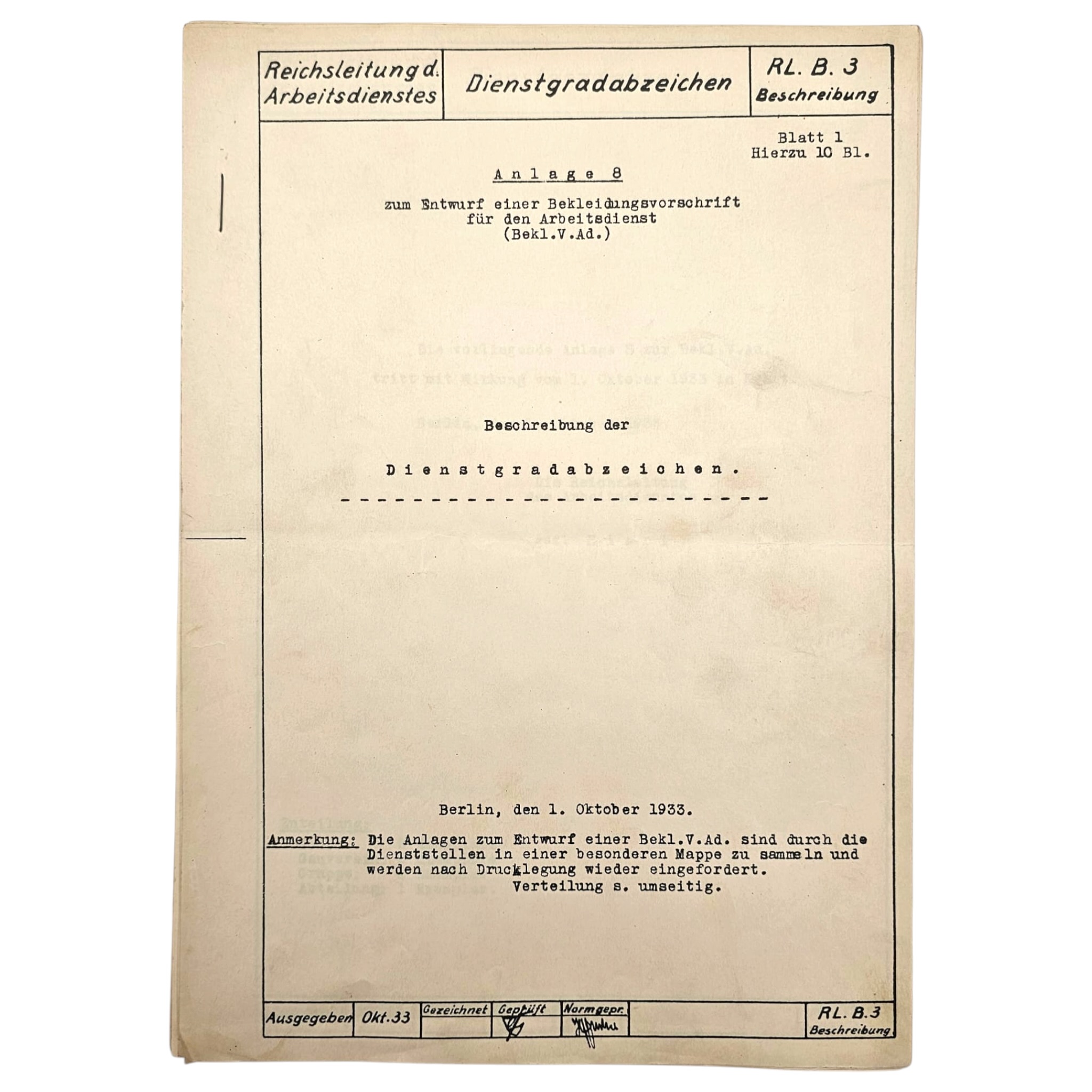 Original 1933 German Arbeitsdienst Uniform Regulations – Dienstgradabzeichen RL.B.3 – Reichsleitung des Arbeitsdienstes