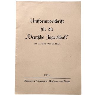 Original 1936 German Deutsche Jägerschaft uniform regulations booklet with Kreisjägermeister Gaujägermeister Reichsjägermeister ranks and insignia.
