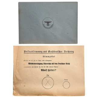 Original 1938 German Adolf Hitler Anschluss Austria referendum ballot with completed Yes vote and official Stimmzettelumschlag envelope.