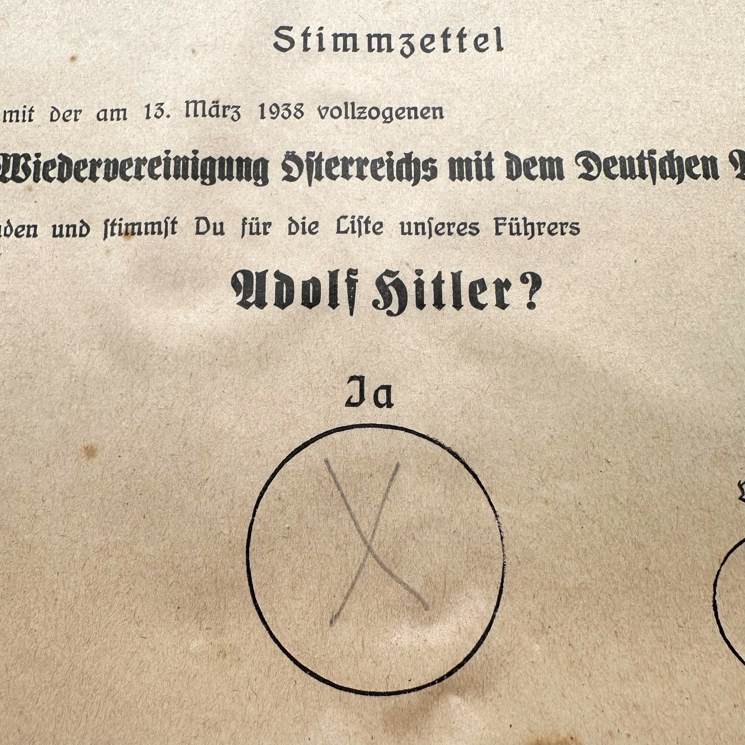 Original 1938 German Adolf Hitler Anschluss Referendum Ballot with Official Ballot Envelope