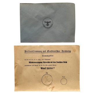 Original 1938 German Anschluss Austria referendum ballot with pencilled 'Ja' vote and official Großdeutscher Reichstag voting envelope. Militaria