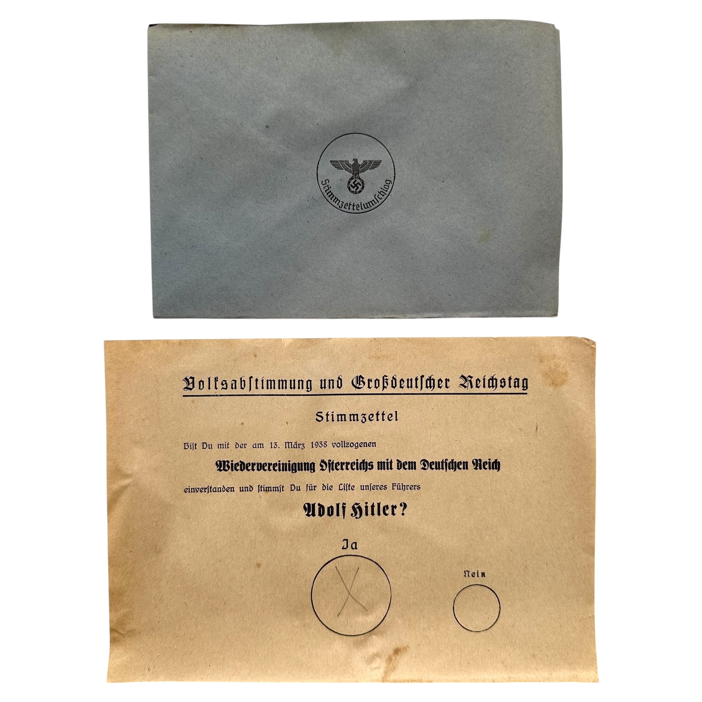Original 1938 German Anschluss Austria referendum ballot with pencilled 'Ja' vote and official Großdeutscher Reichstag voting envelope. Militaria