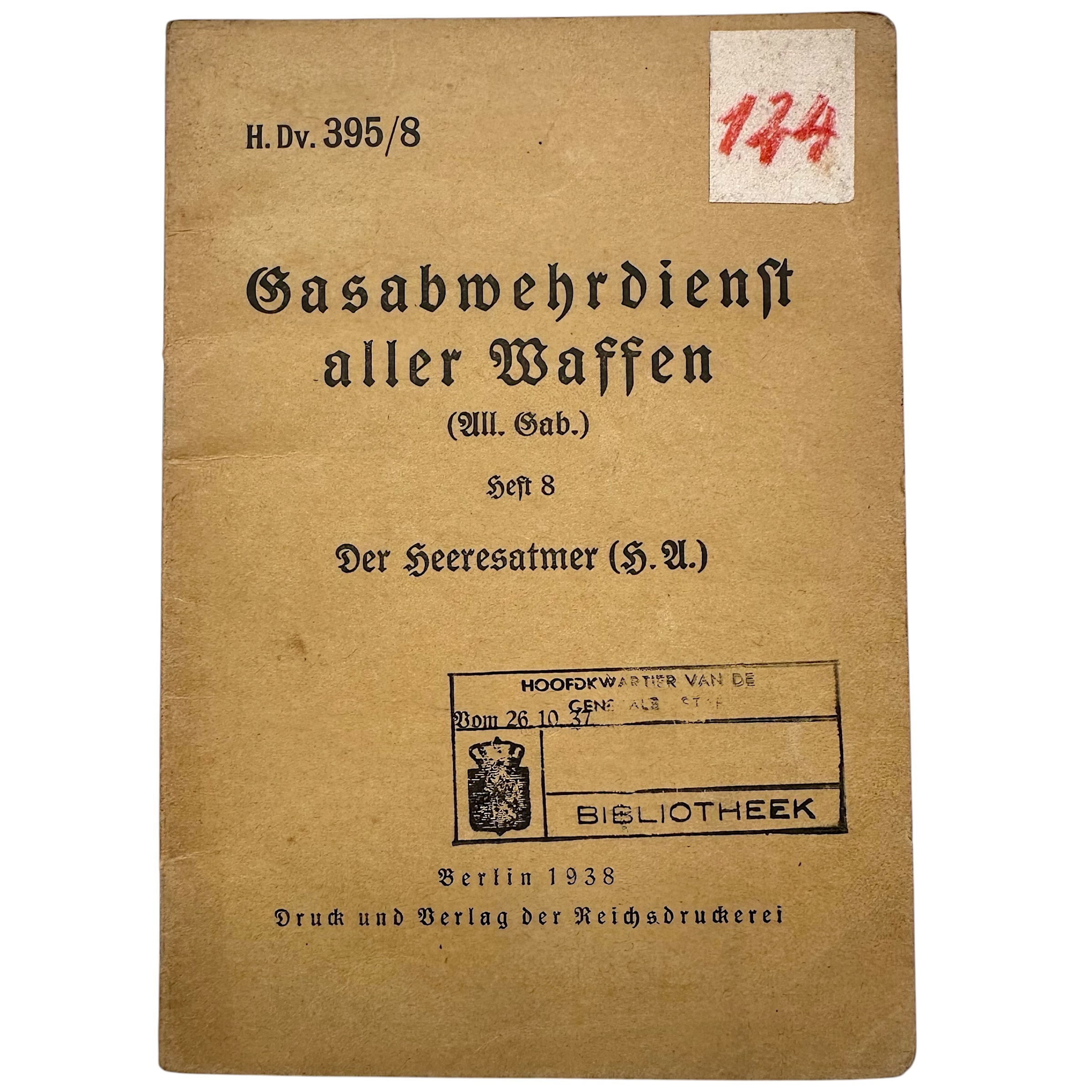 Original 1938 German Army H.Dv. 395/8 Heeresatmer Gas Defence Breathing Apparatus Manual – Dutch General Staff - Den Haag