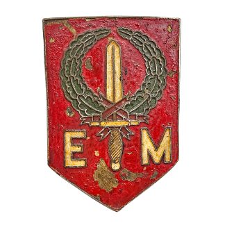 Origineel 1945-1949 Nederlands-Indië Expeditionaire Macht EM metalen mouwembleem 1e Divisie 7 December zwaard krans militaria.