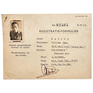 Origineel KNIL registratieformulier met pasfoto, Nederlands-Indië, 1945-1949
