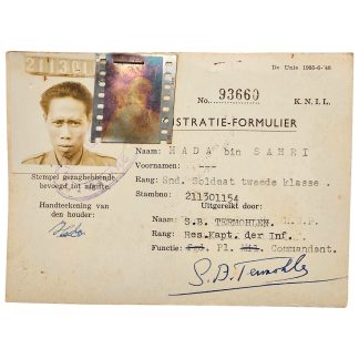 Origineel KNIL registratie-formulier met pasfoto, Malang, Nederlands-Indië