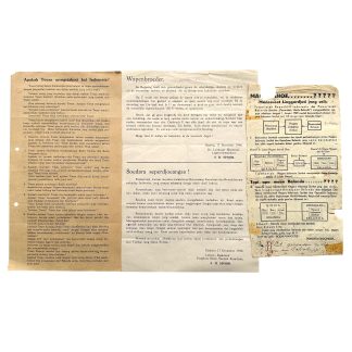 Originele 1945-1949 Nederlands-Indië flyers over de onafhankelijkheidsstrijd, met pamfletten van S.H. Spoor, Nederlandse en Indonesische partijen.