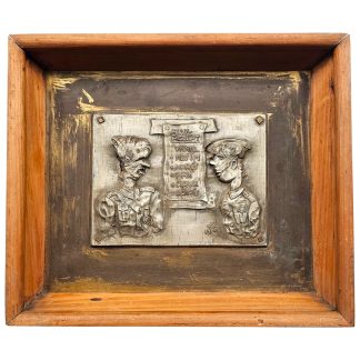 Original German WWII post-war POW trench art relief German prisoner of war Mont-de-Marsan France with wooden frame and newspaper clipping.