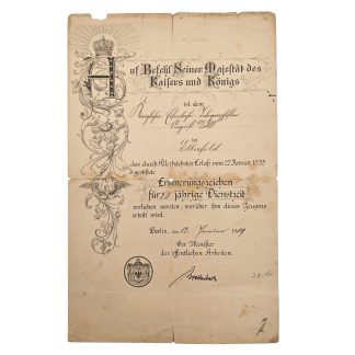 Original Imperial German Prussian 1909 25-year service award certificate Elberfeld signed by Minister Paul von Breitenbach.