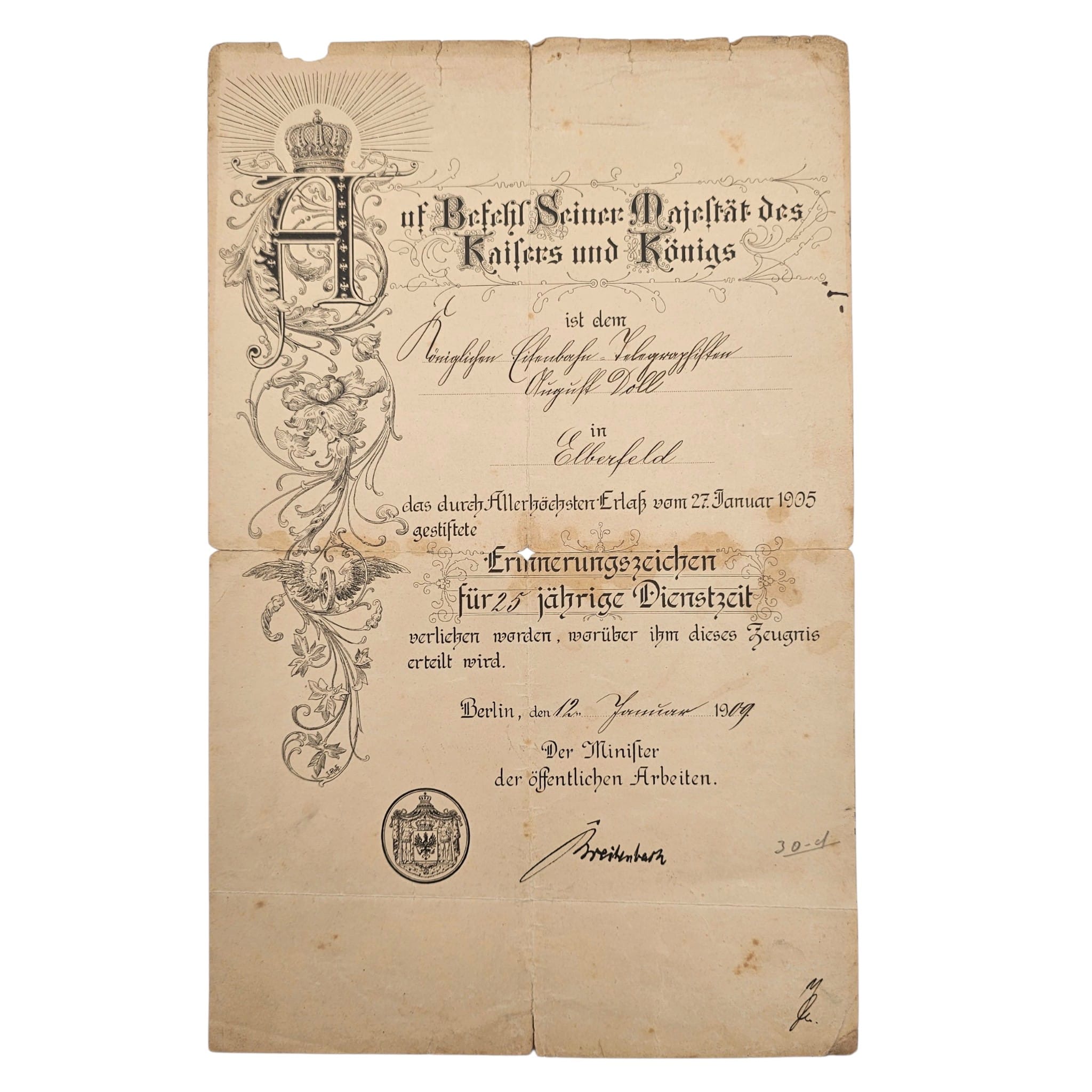Original Imperial German Prussian 1909 25-year service award certificate Elberfeld signed by Minister Paul von Breitenbach.
