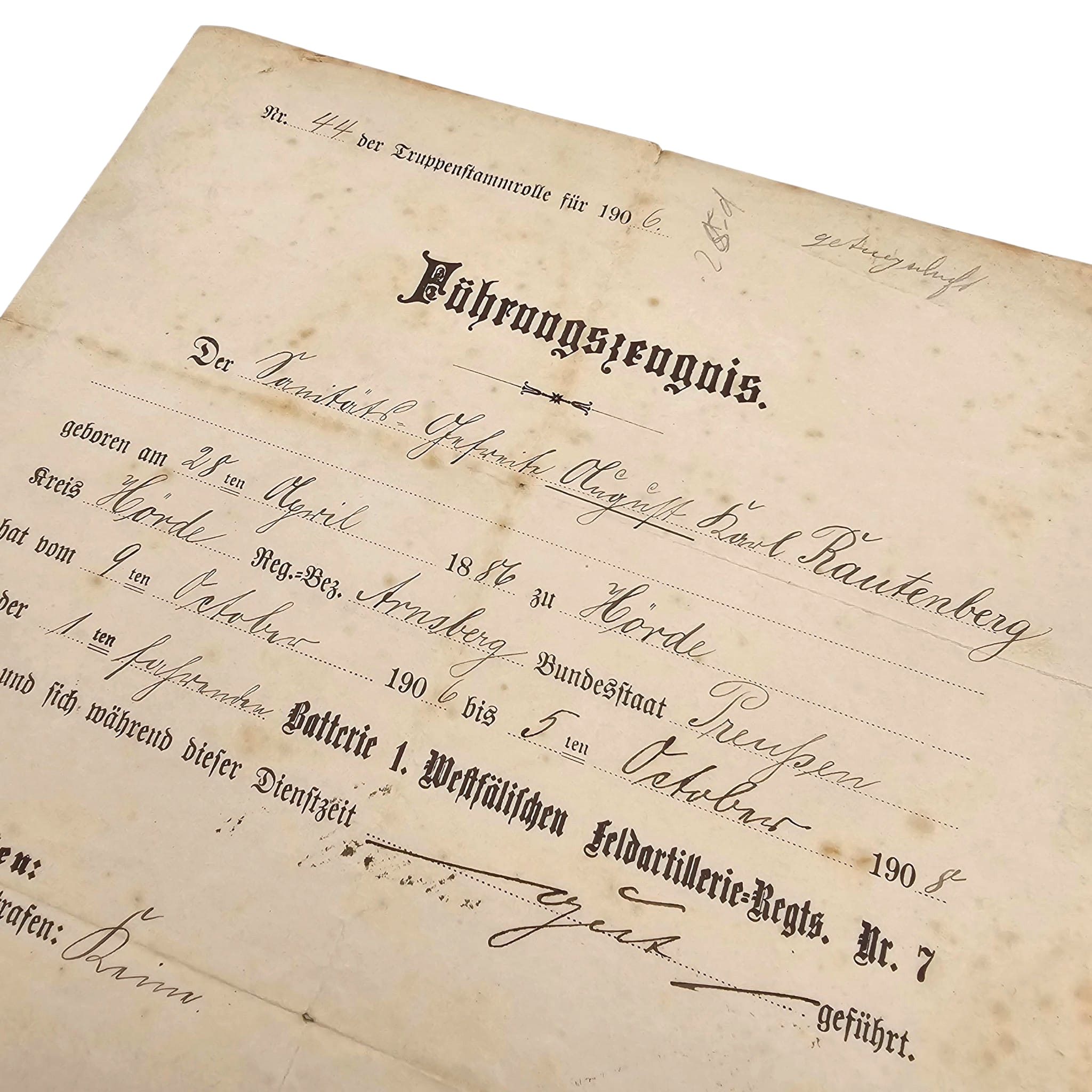 Original Imperial German Prussian Army Führungszeugnis 1908 – 1. Westfälisches Feldartillerie-Regiment Nr. 7