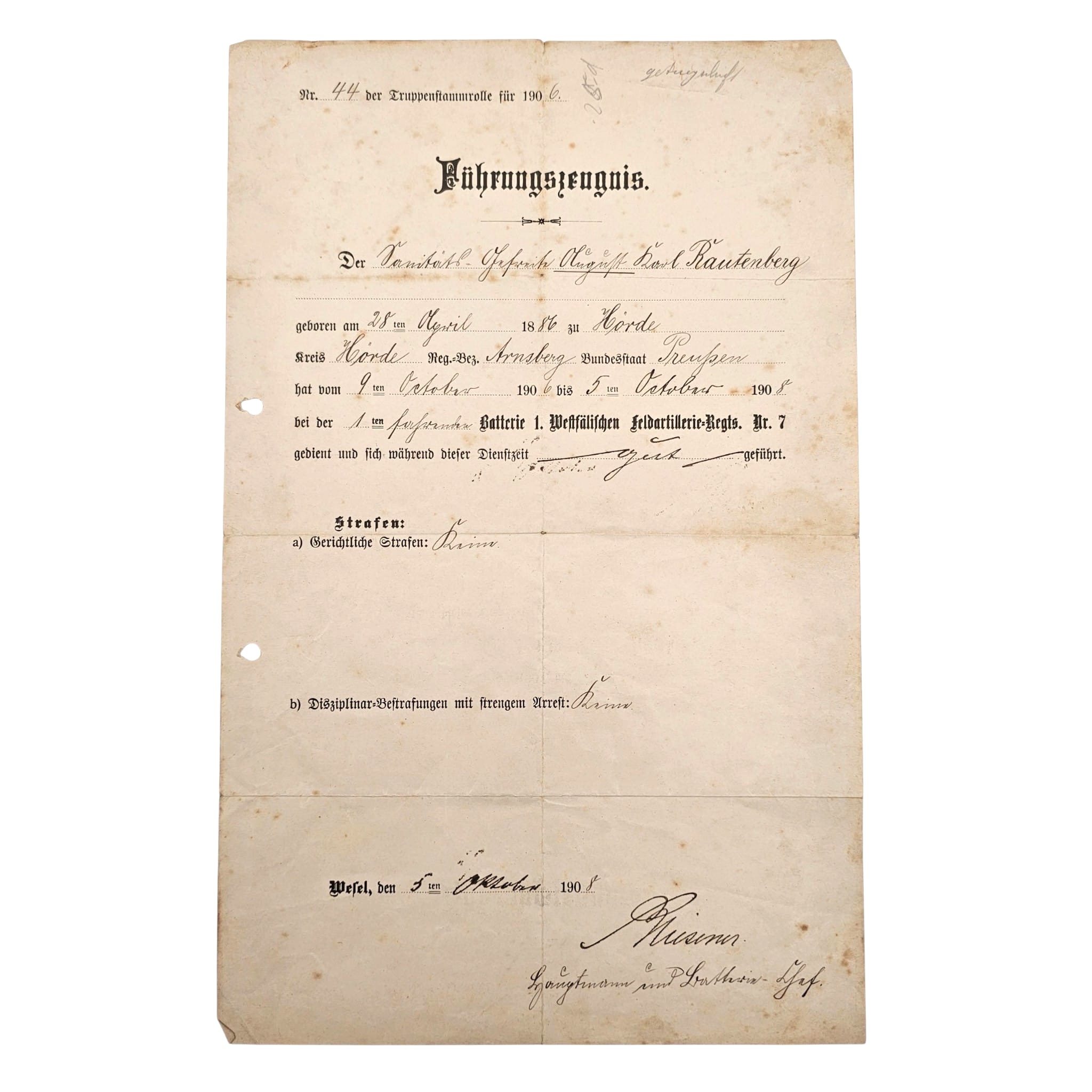 Original Imperial German Prussian Army Führungszeugnis 1908 1. Westfälisches Feldartillerie-Regiment Nr. 7 August Karl Rautenberg.