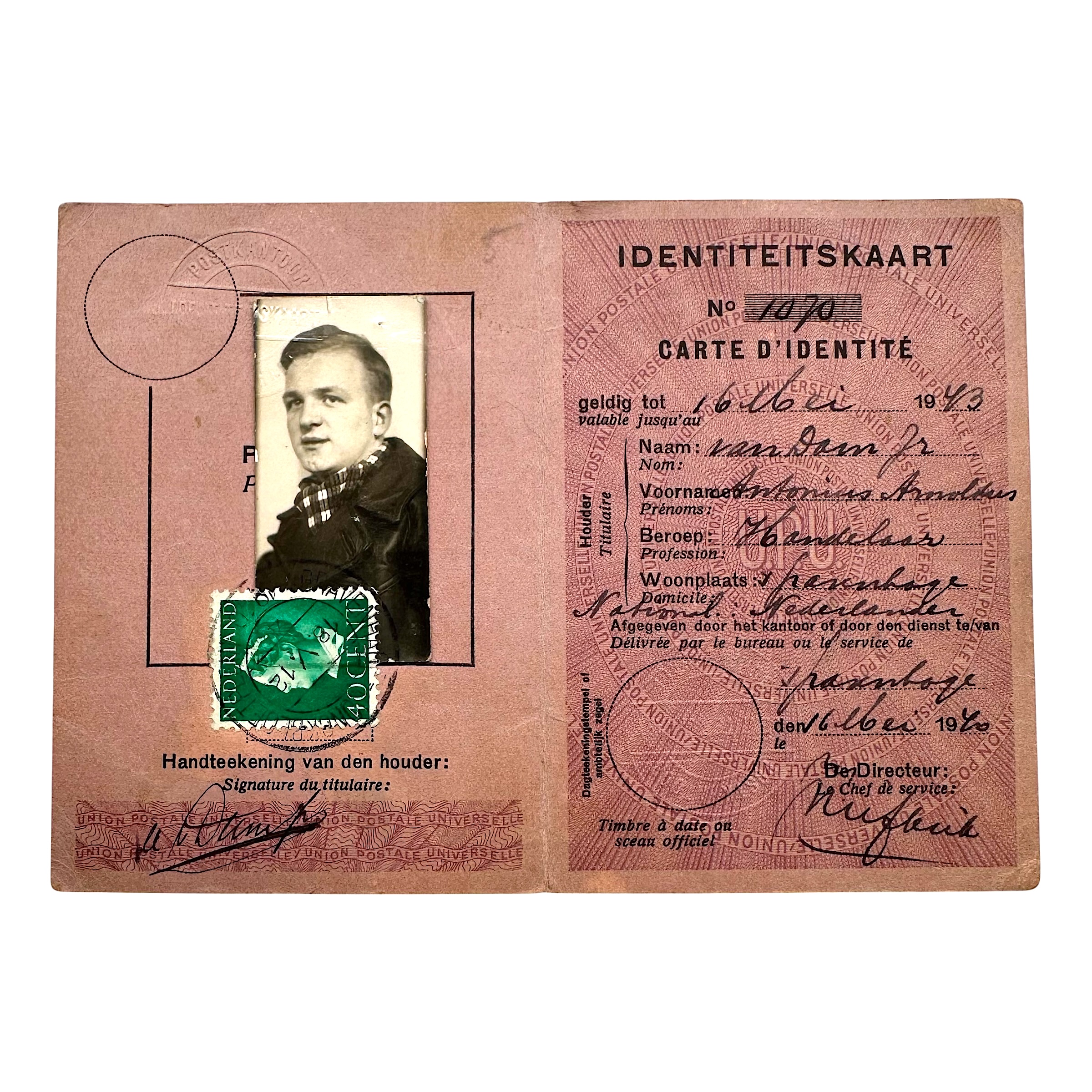 Originele Nederlandse identiteitskaart mei 1940 's-Gravenhage 's-Hertogenbosch pasfoto 40 cent postzegel Tweede Wereldoorlog.