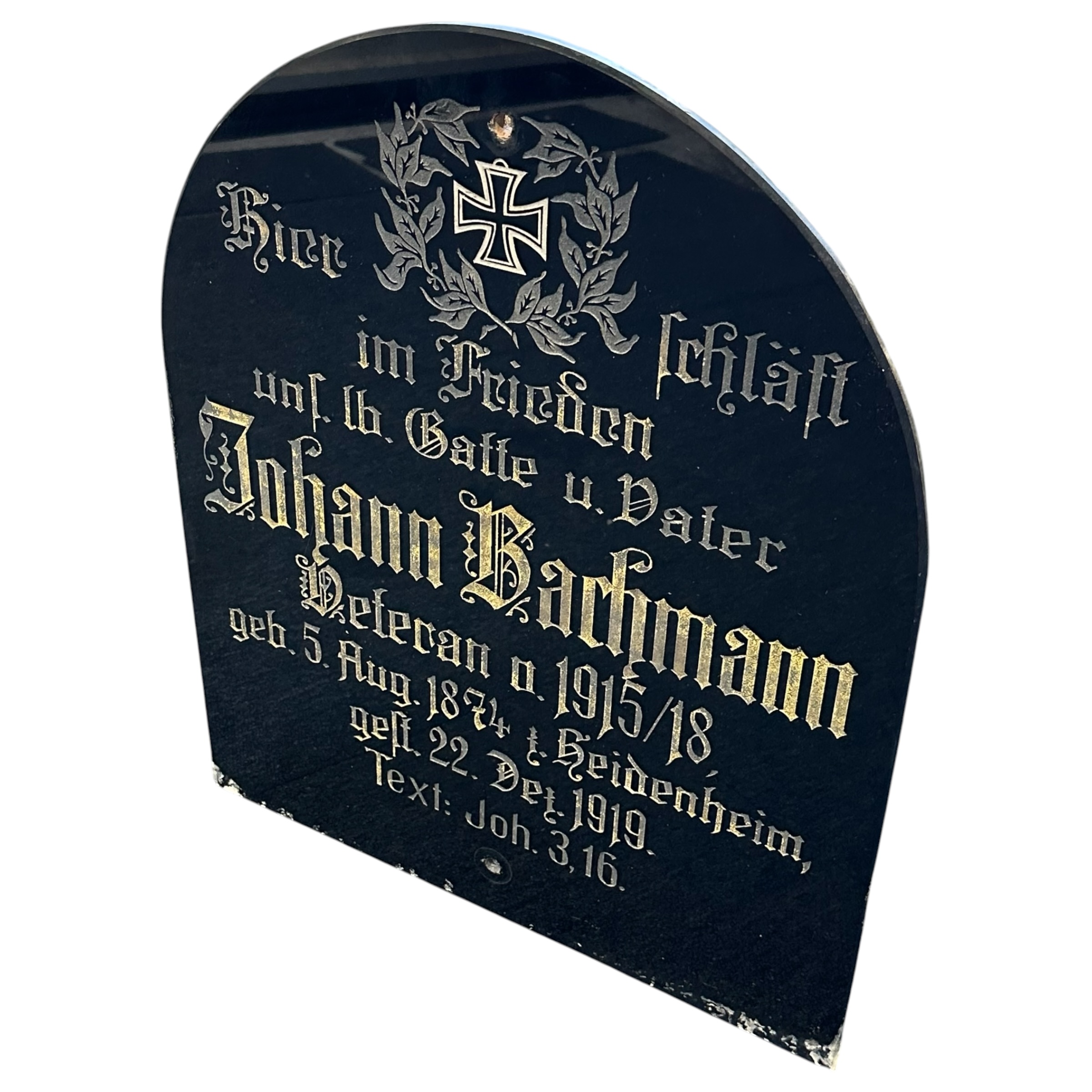 Original WW1 German Veteran Memorial Grave Plaque – Johann Bachmann 1915–1918 – Iron Cross