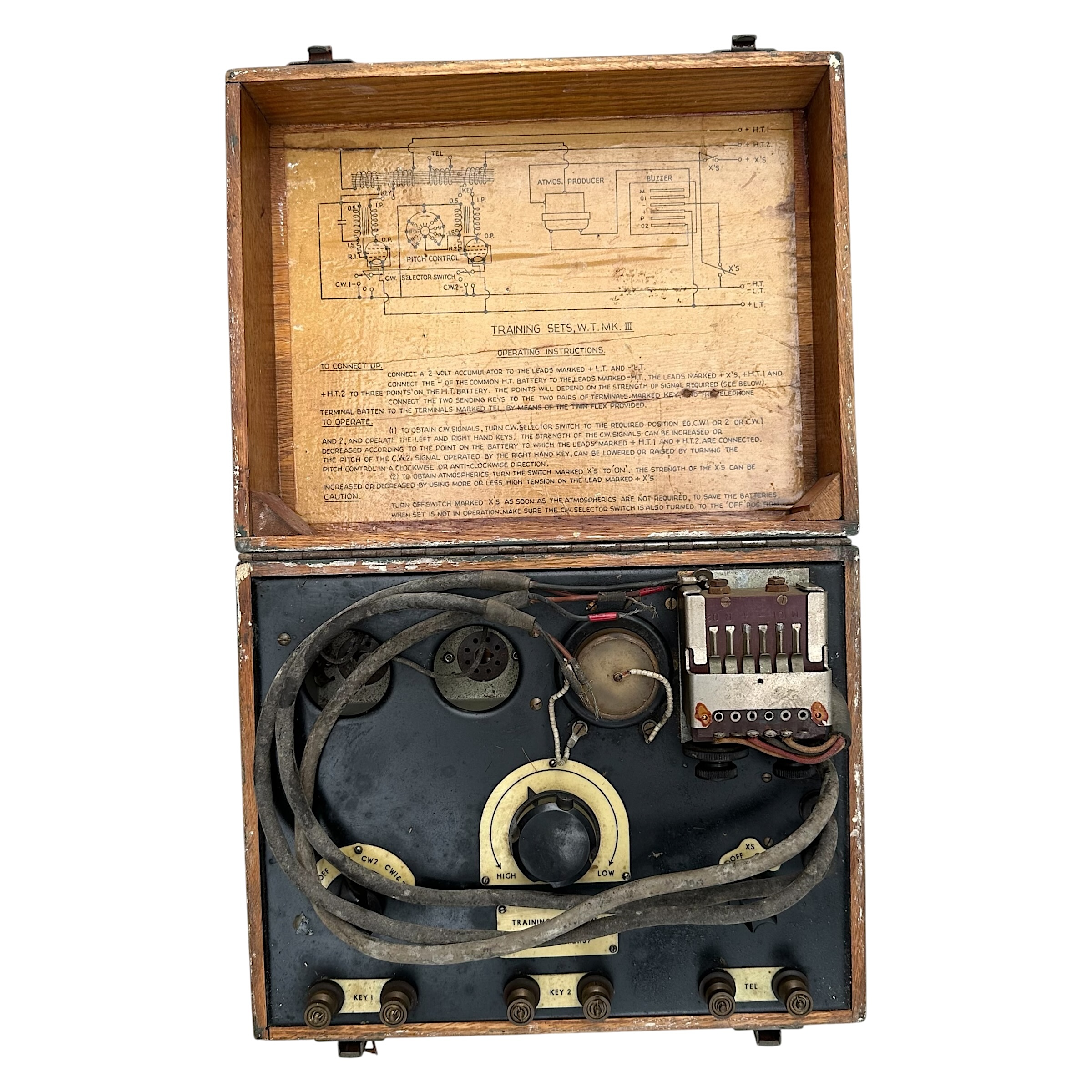 Original WWII British Army Training Set W.T. Mk III Morse code trainer with wooden case Morse keys wireless signals equipment and wiring diagram