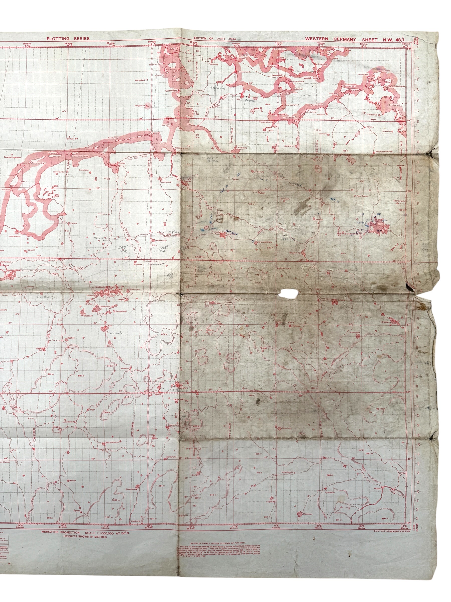 Original WWII British RAF Bombing & Flight Navigation Map Berlin Hannover Eindhoven Twente Germany – GSGS 4080 June 1944
