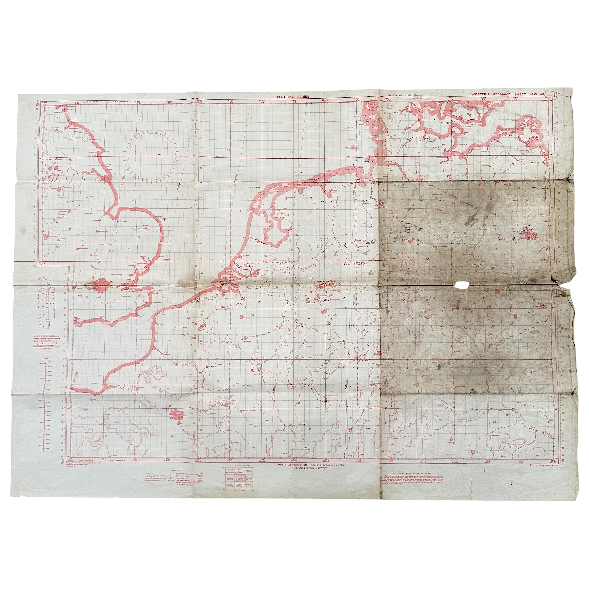Original WWII British RAF GSGS 4080 Plotting Series Germany June 1944 flight navigation map with handwritten Eindhoven Twente Hannover Berlin routes.