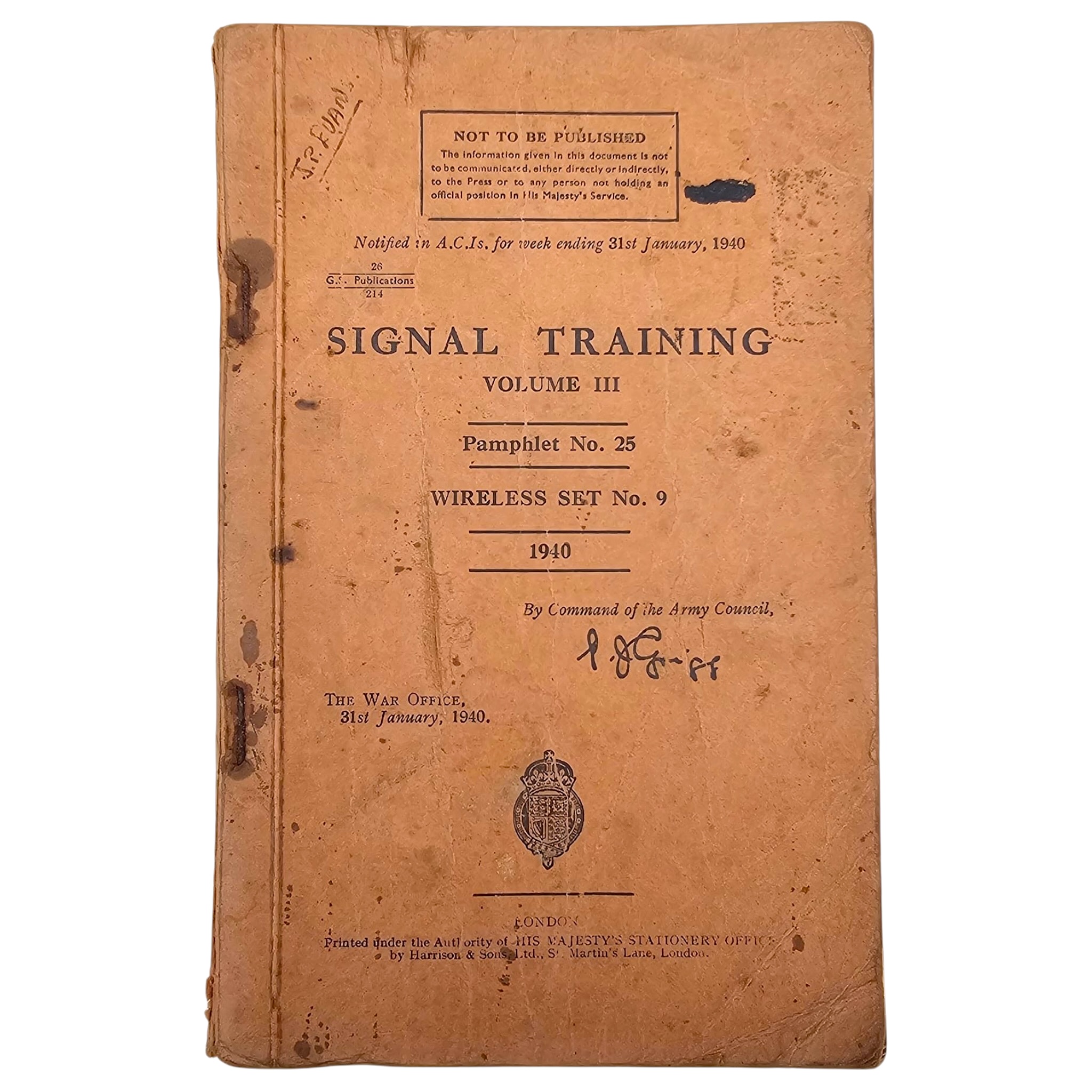 Voorplat van Britse handleiding Signal Training Volume III, Wireless Set No. 9, 1940