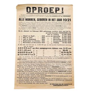 Origineel WWII Nederlands Arbeitseinsatz oproepplakkaat mei 1943 mannen geboren 1921 Gewestelijk Arbeidsbureau Utrecht 79,5 x 55 cm