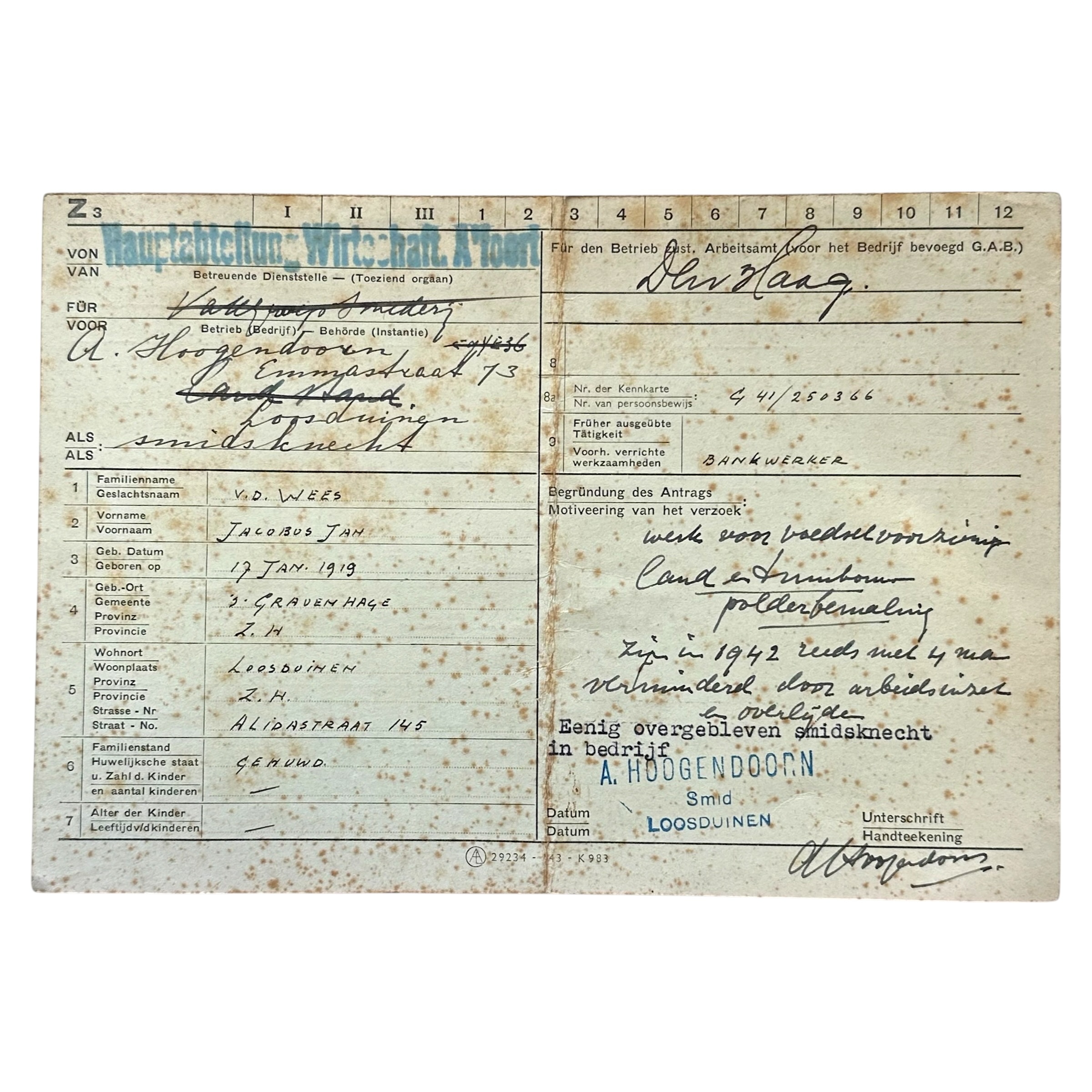 WWII document Hauptabteilung Wirtschaft Amersfoort, Den Haag en Loosduinen