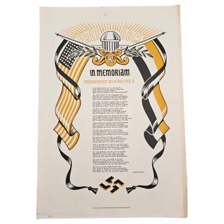 Originele WWII Nederlandse bevrijdingsposter 1945 'In Memoriam President Roosevelt' van Fedde Schurer, K113 Amsterdam, 54 x 37 cm.