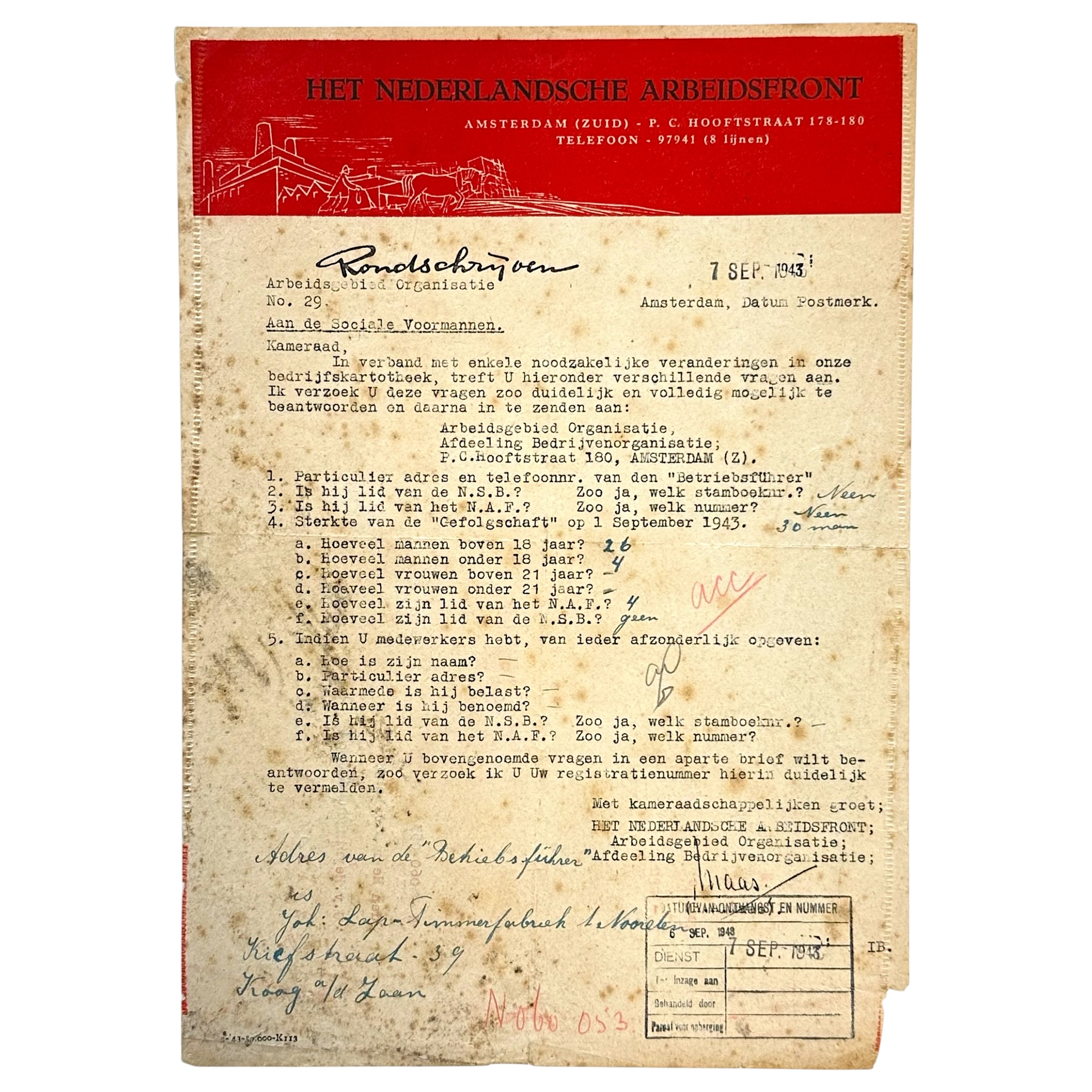 Origineel WWII document van Het Nederlandsche Arbeidsfront, Amsterdam, 7 September 1943